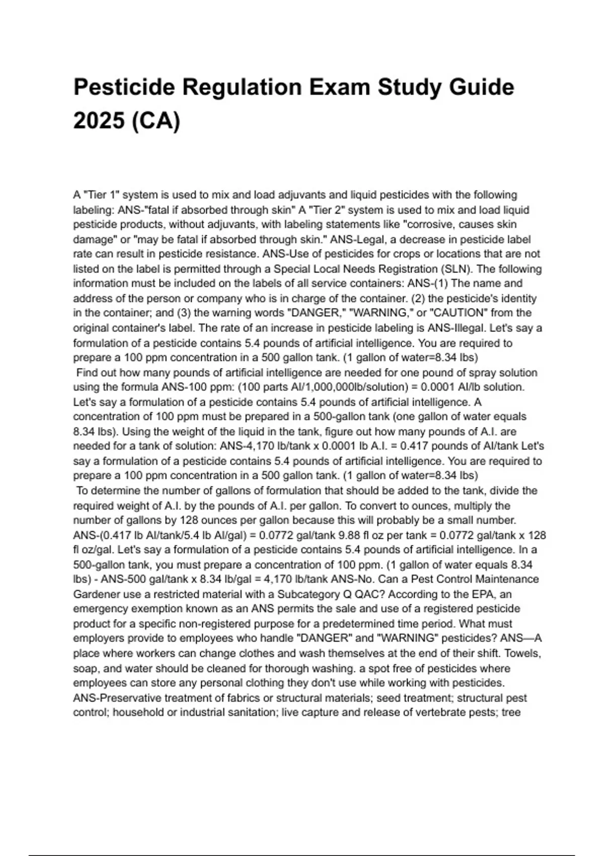 Pesticide Regulation Exam Study Guide 2025 (CA) QUESTIONS AND CORRECT ...