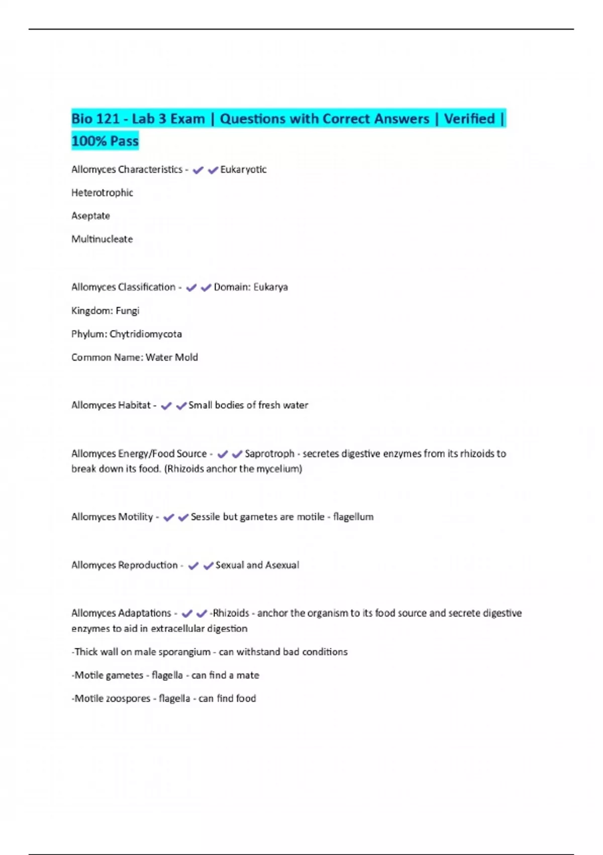 Bio 121 - Lab 3 Exam | Questions with Correct Answers | Verified | 100% ...