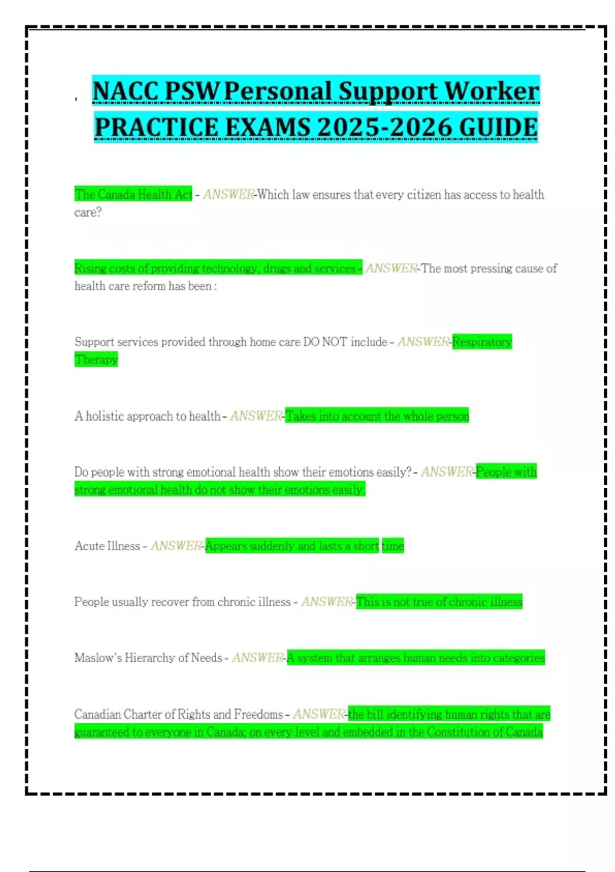 NACC PSW Personal Support Worker PRACTICE EXAMS GUIDE - Personal ...