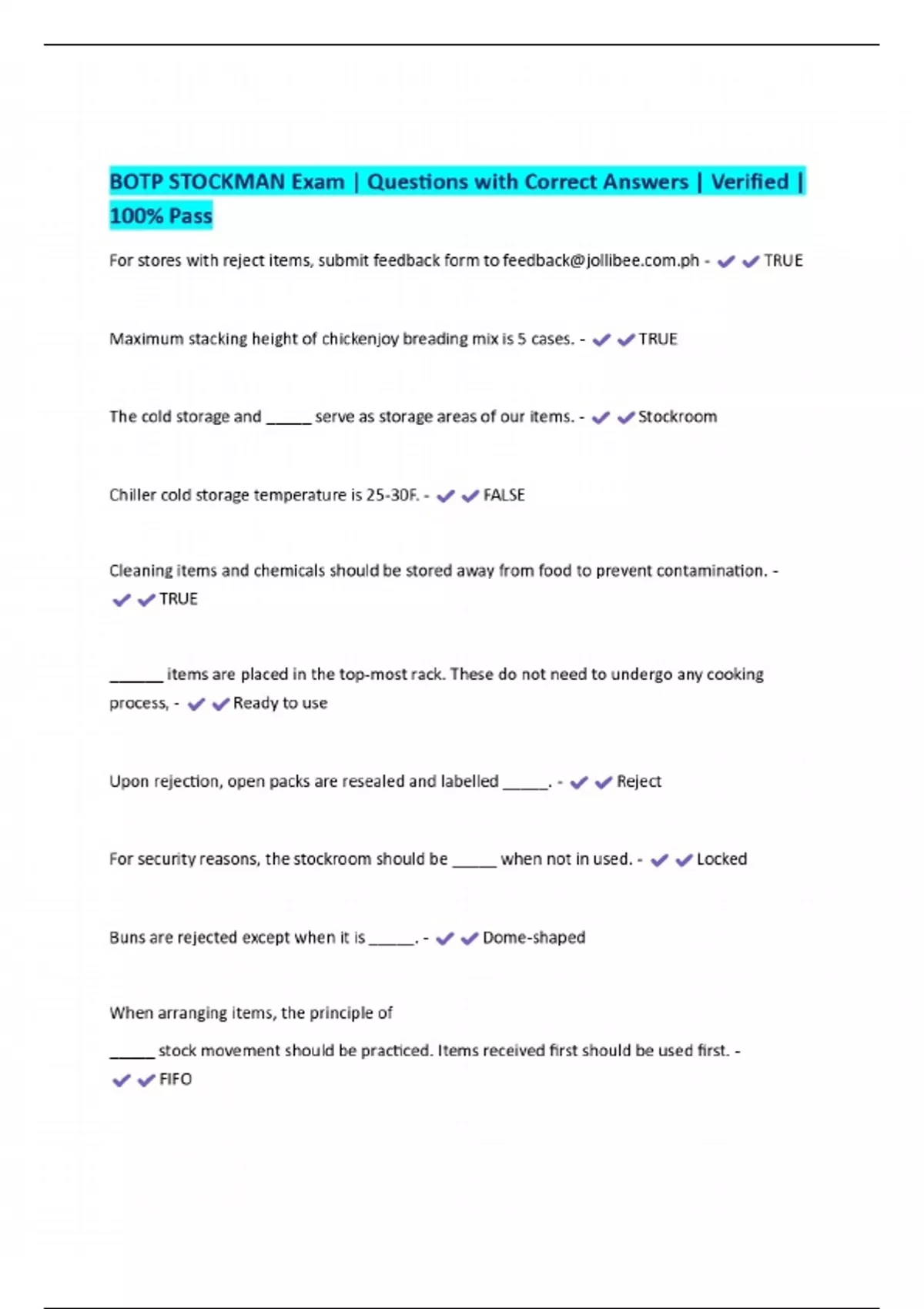 BOTP STOCKMAN Exam | Questions with Correct Answers | Verified | 100% ...