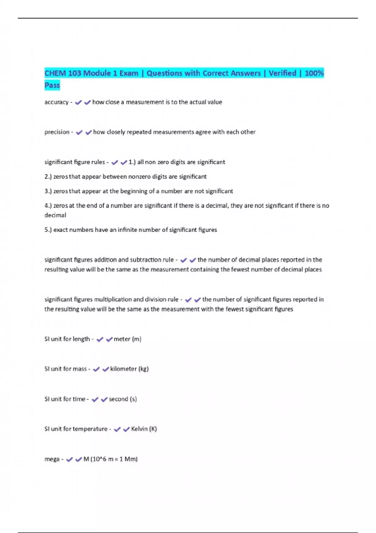 CHEM 103 Module 1 Exam | Questions with Correct Answers | Verified ...
