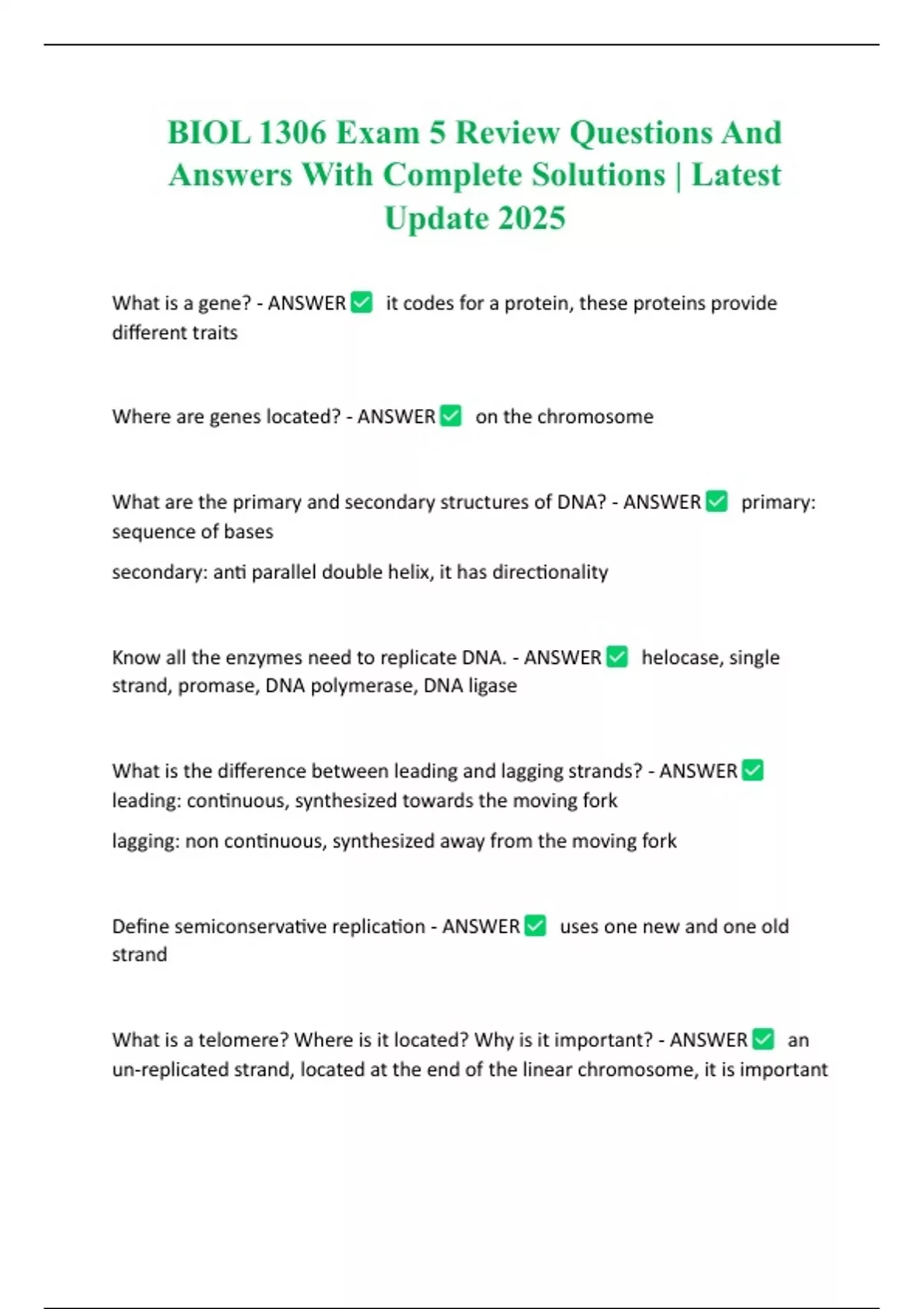 BIOL 1306 Exam 5 Review Questions And Answers With Complete Solutions ...