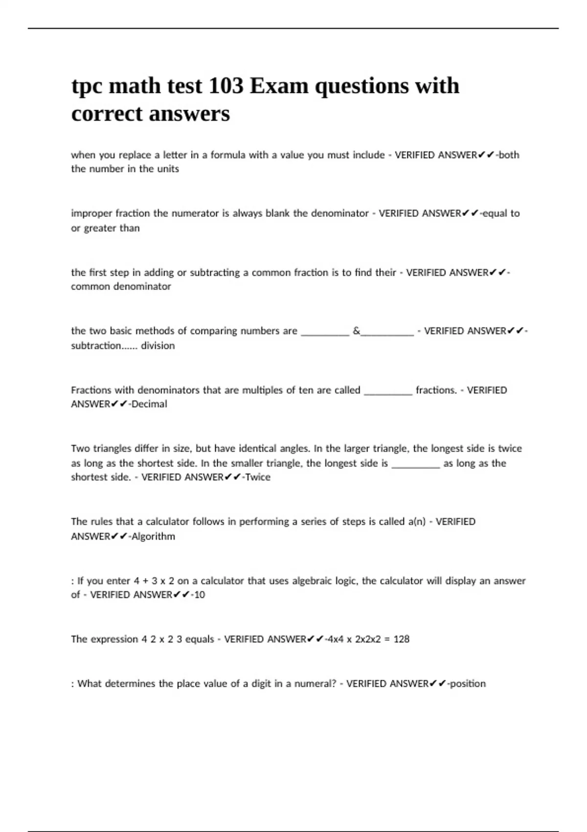 tpc math test 103 Exam questions with correct answers. - TPC - Stuvia US