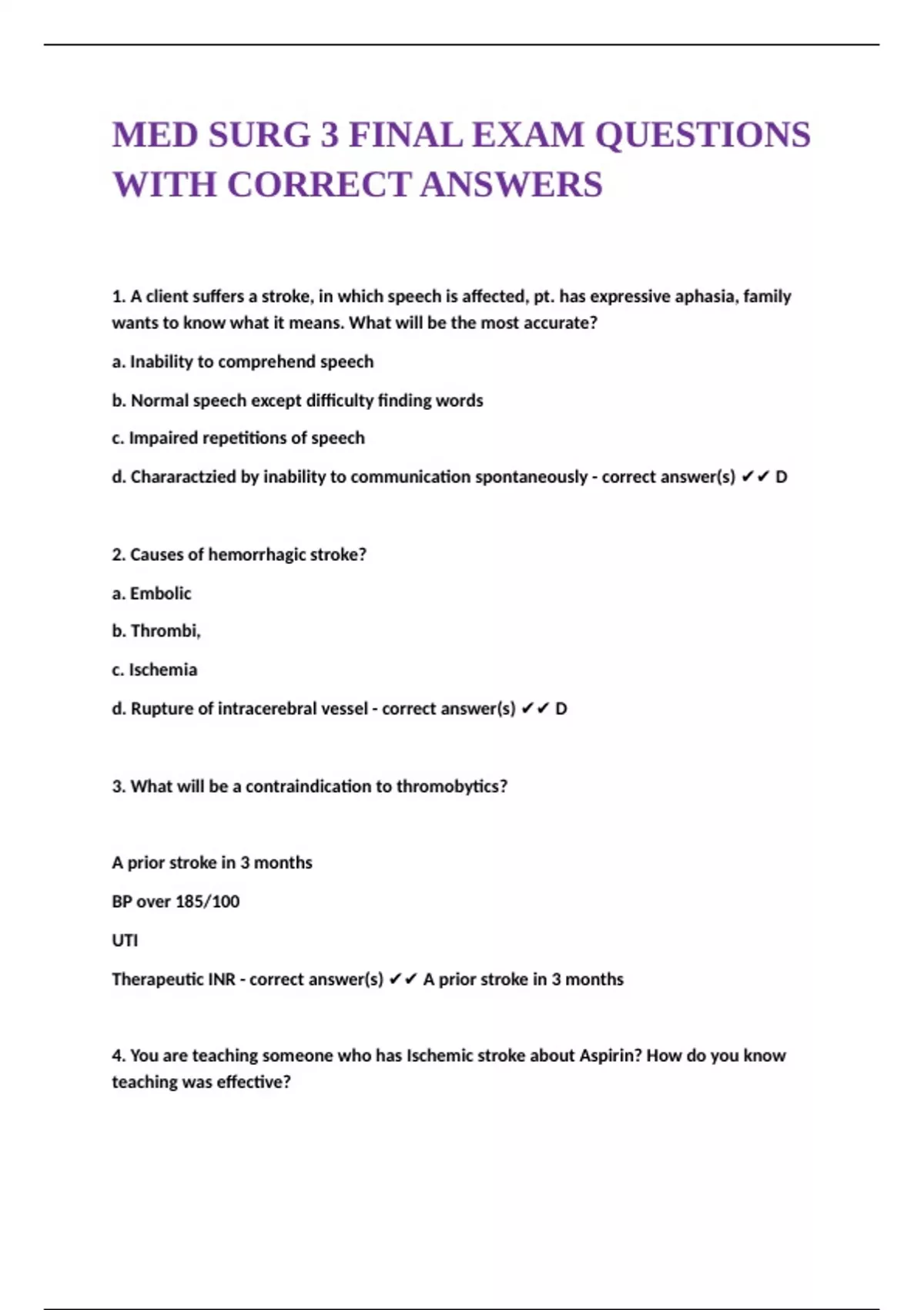 MED SURG 3 FINAL EXAM QUESTIONS WITH CORRECT ANSWERS - MED SURG. 3 - Stuvia US