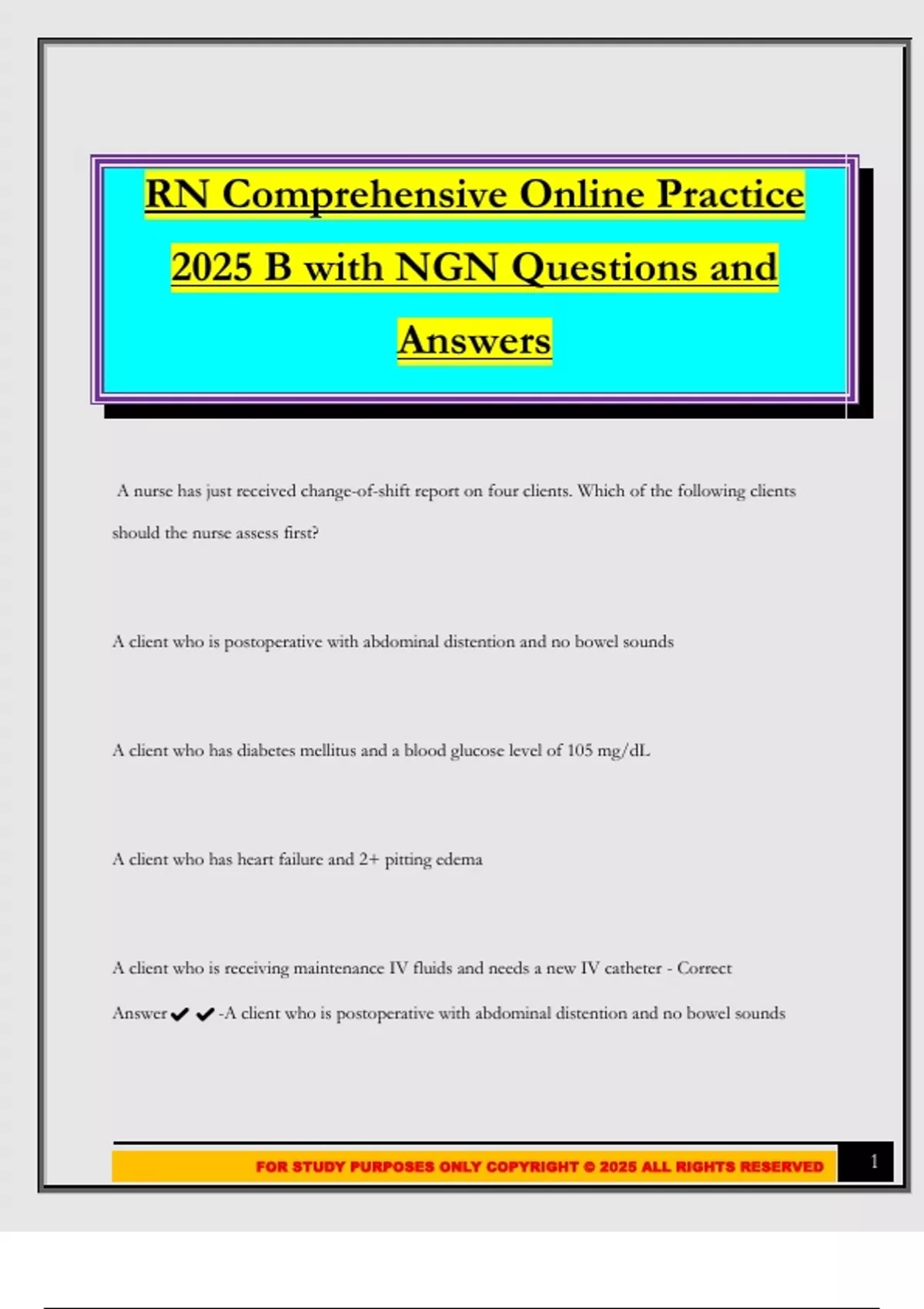RN Comprehensive Online Practice 2025 B with NGN Questions and Answers ...