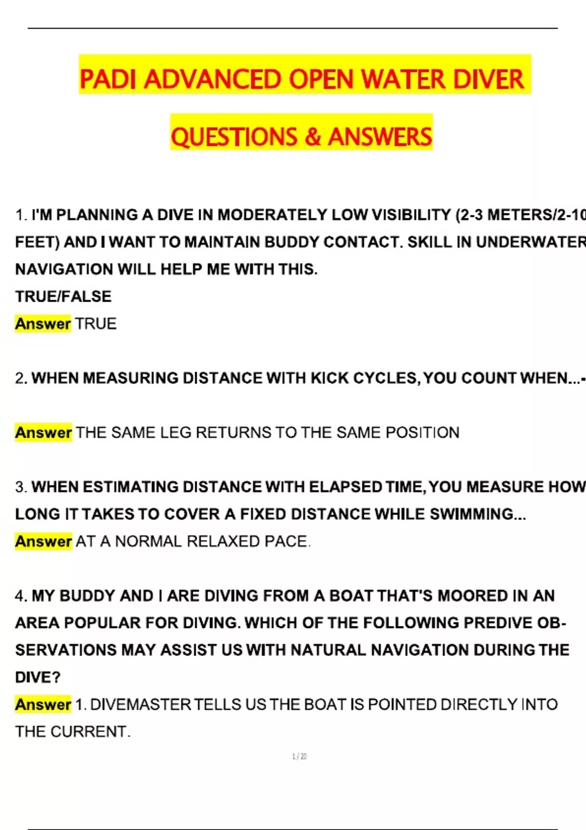 PADI ADVANCED OPEN WATER DIVER EXAM (Latest 2025 / 2026 Update) Questions and Verified Answers ...