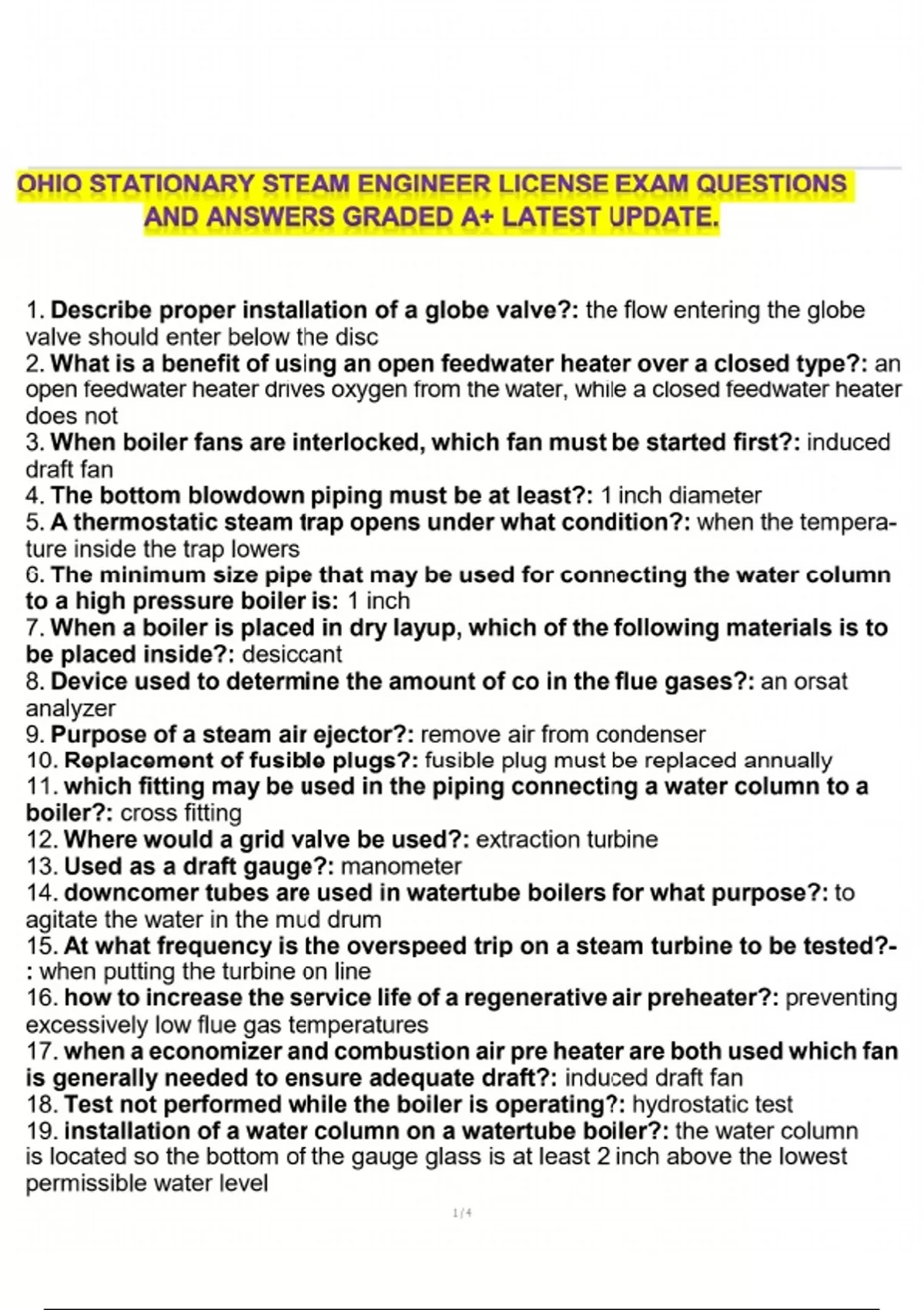 OHIO STATIONARY STEAM ENGINEER LICENSE EXAM QUESTIONS AND ANSWERS ...