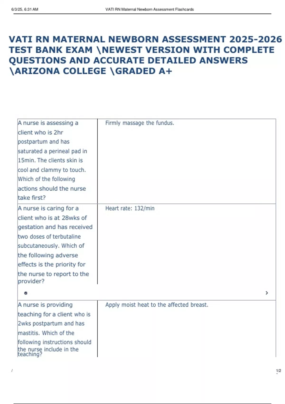 Exam (elaborations) VATI RN MATERNAL NEWBORN ASSESSMENT - VATI RN MATERNAL NEWBORN ASSESSMENT ...