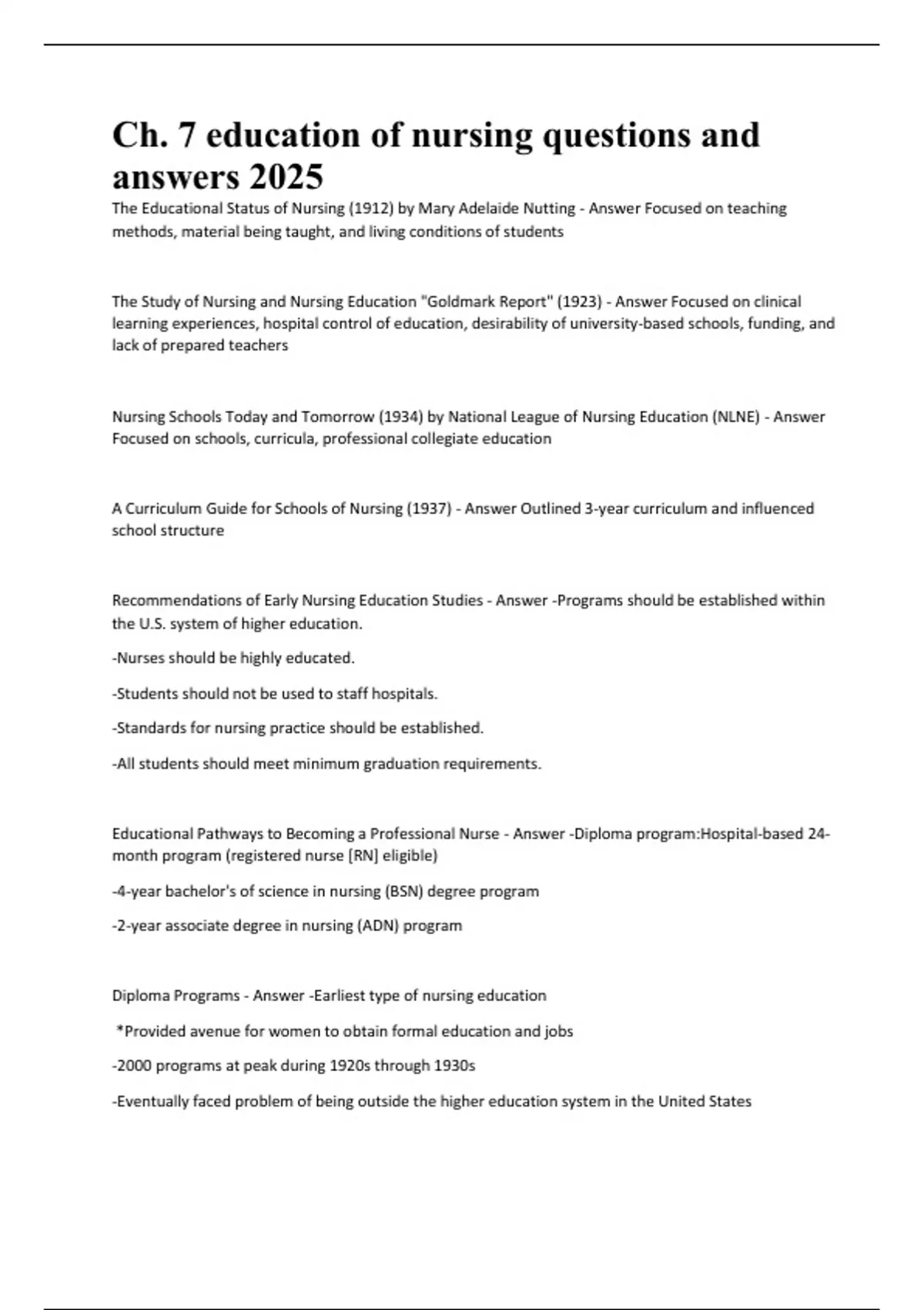 Goldmark Report Ch. 7 education of nursing questions and answers 2025 - Nursing - Stuvia US