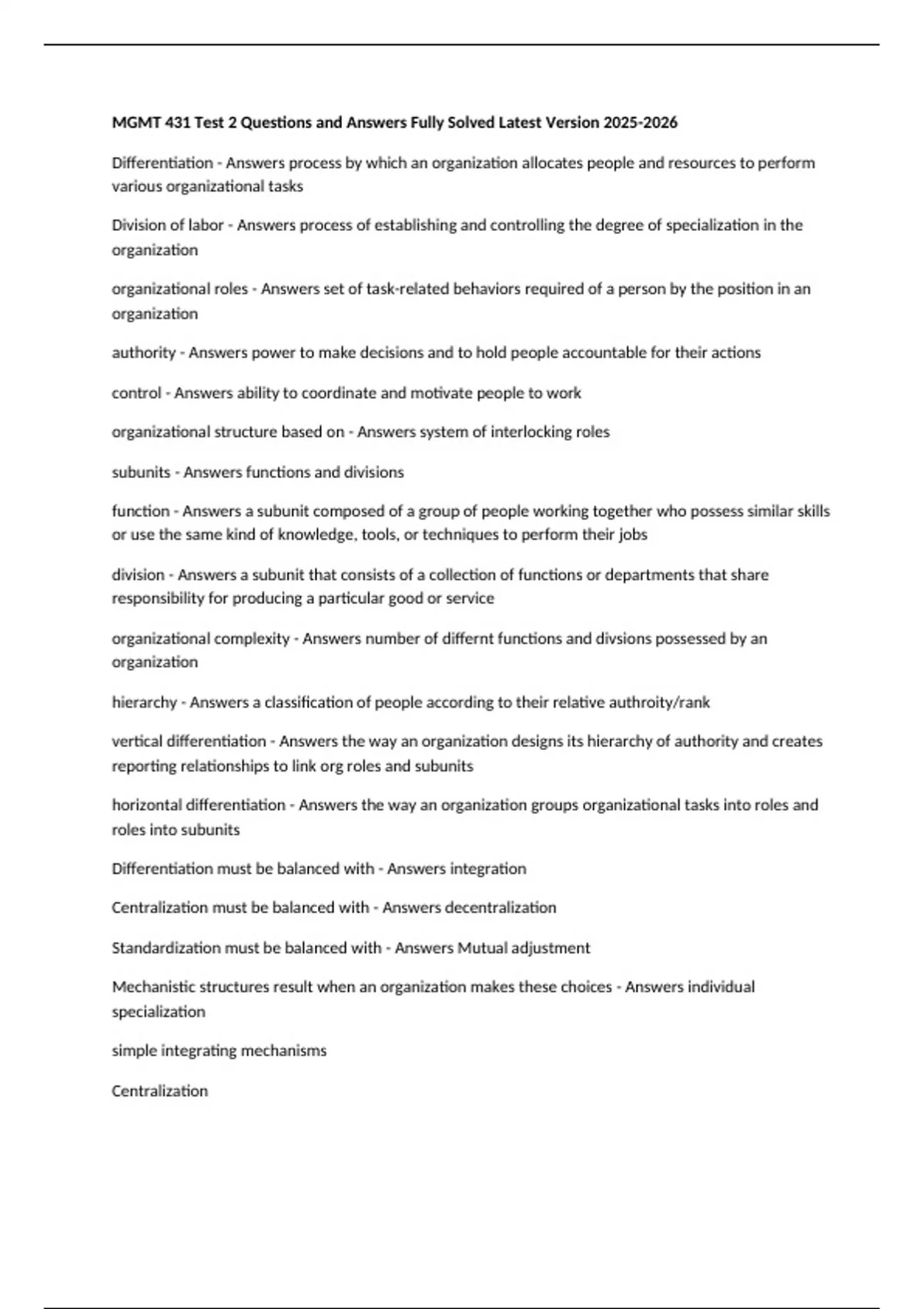 MGMT 431 Test 2 Questions and Answers Fully Solved Latest Version ...