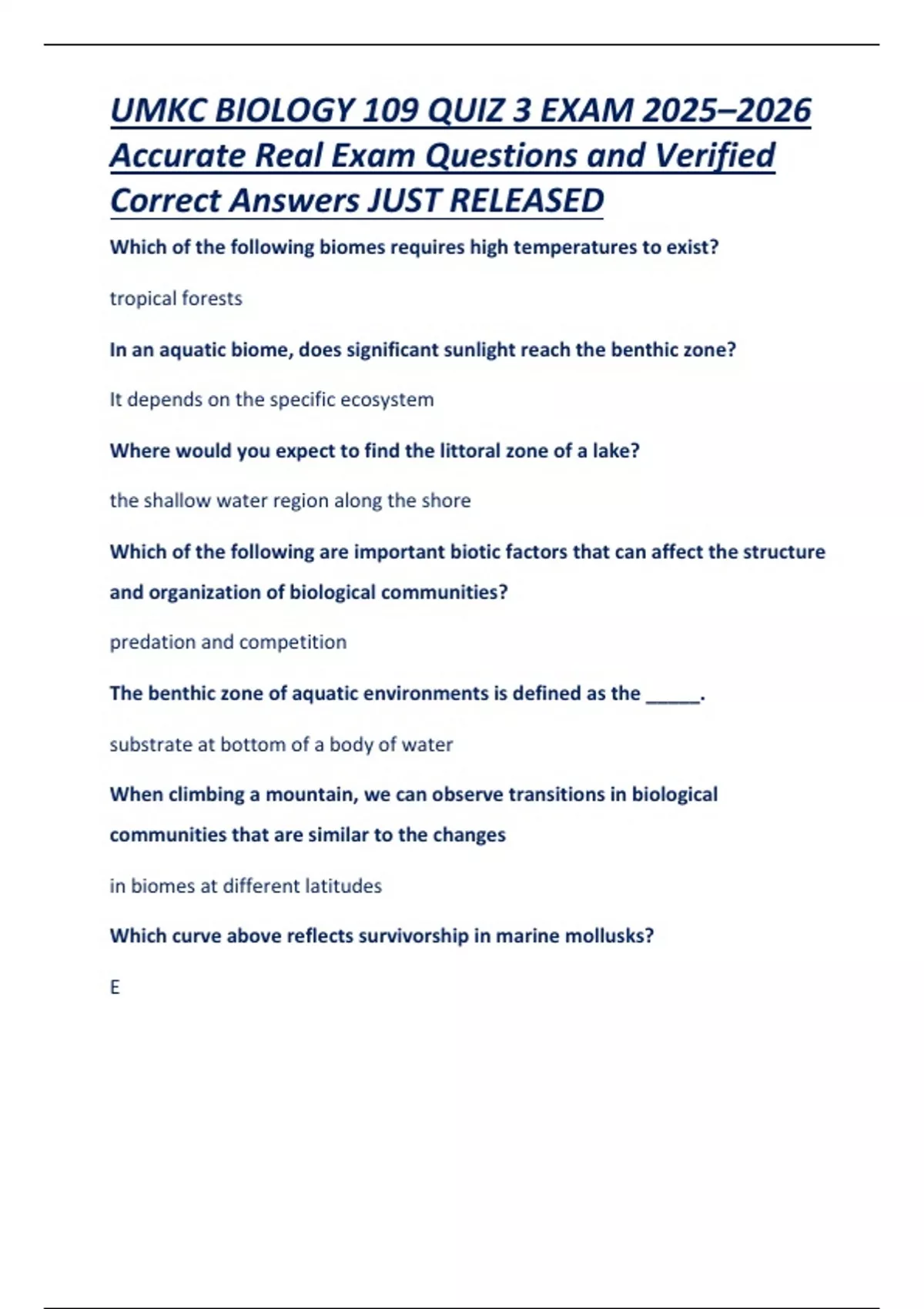 UMKC Biology 109 Quiz 3 Exam 2025–2026 –Ecology, Biomes, and Population ...