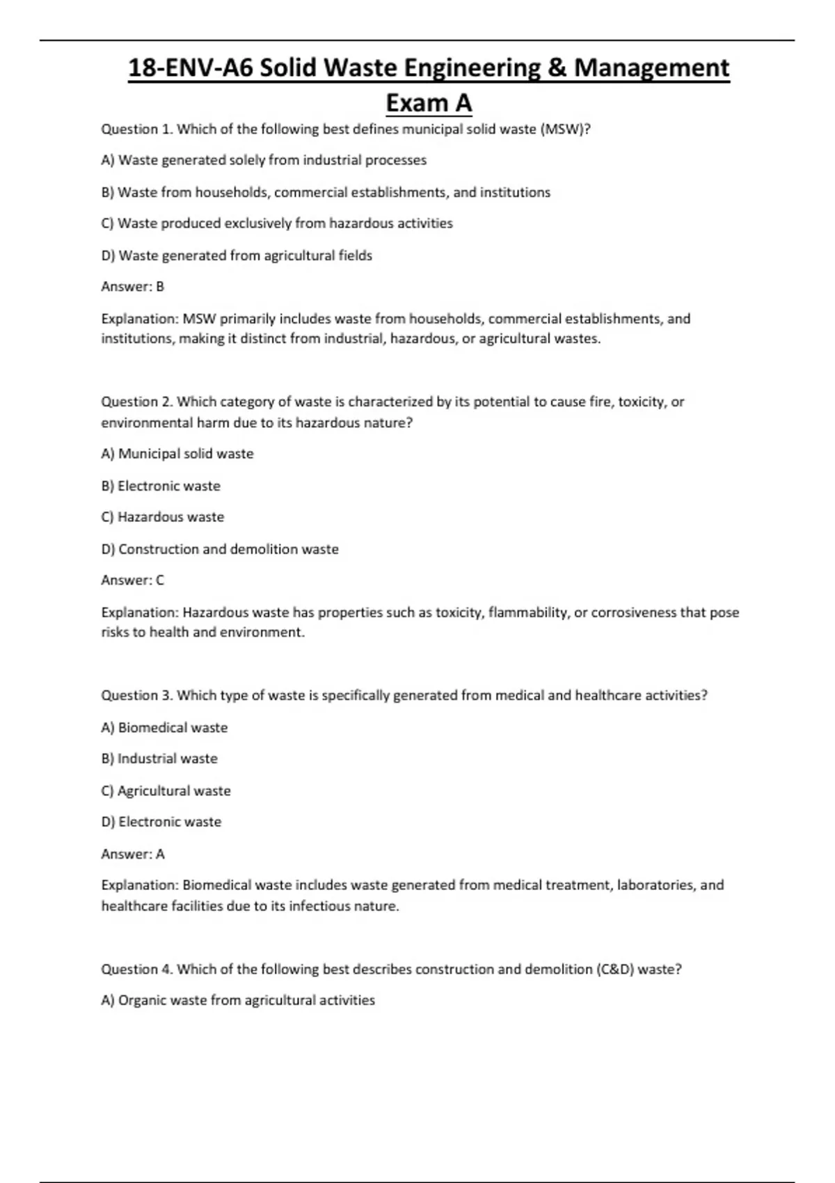18-ENV-A6 Solid Waste Engineering & Management Exam A - Computer ...