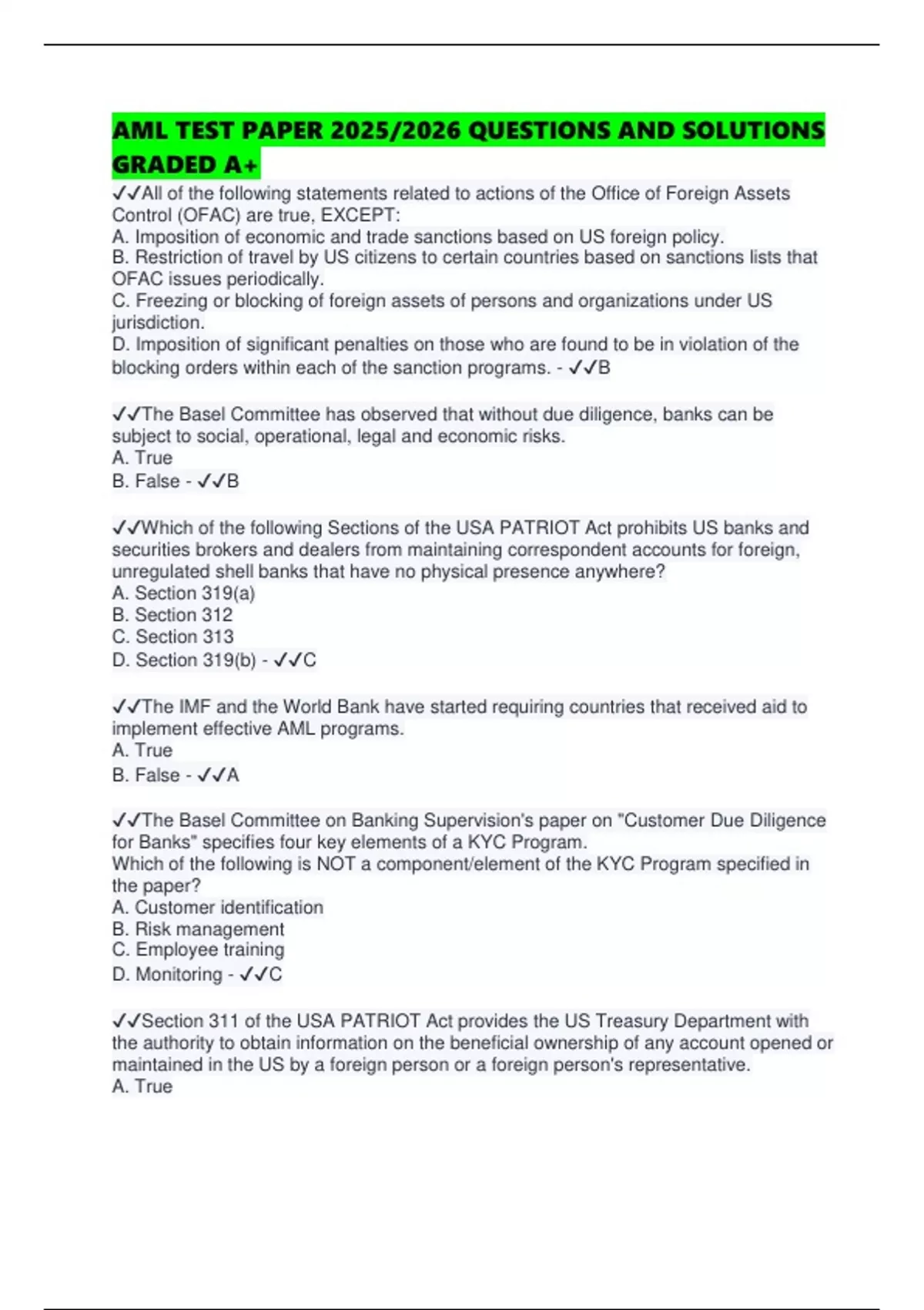 AML TEST PAPER 2025/2026 QUESTIONS AND SOLUTIONS GRADED A+ - BSA/AML ...