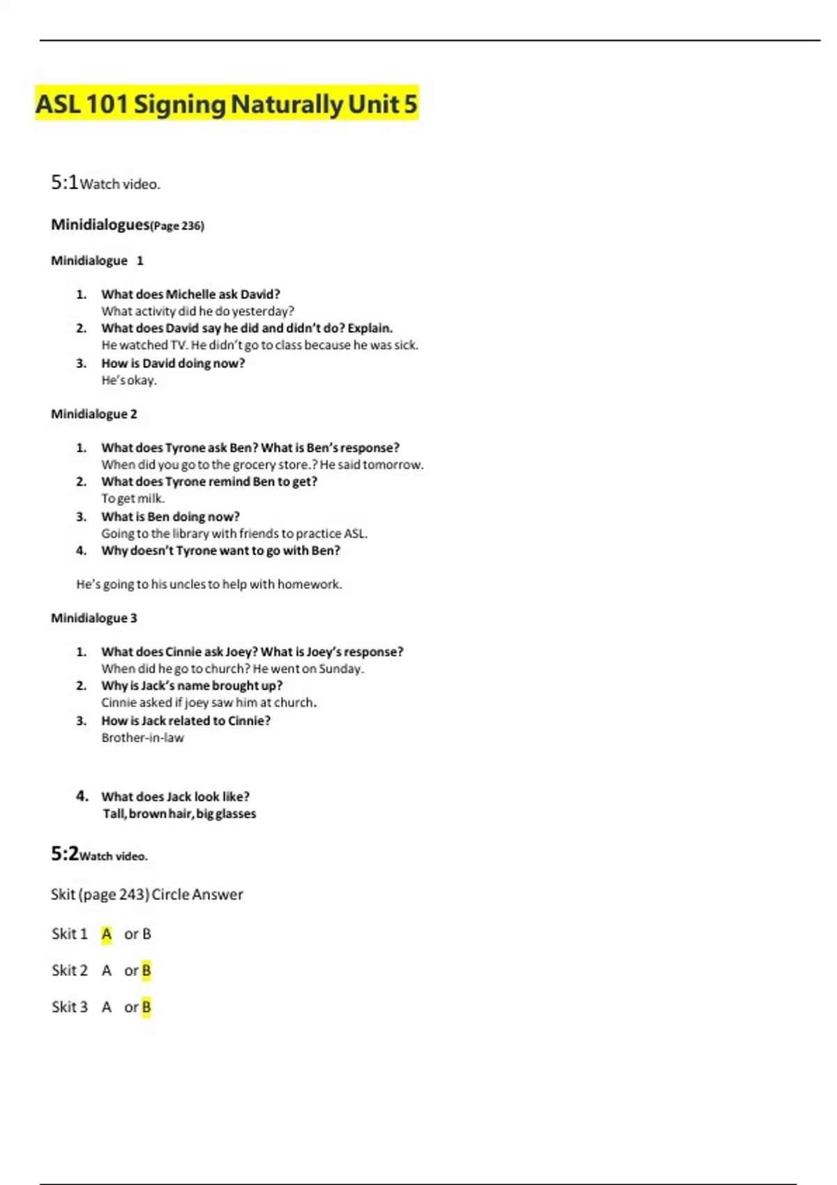 ASL 101 Signing Naturally Unit 5 Complete Solution Graded A - ASL 101 ...