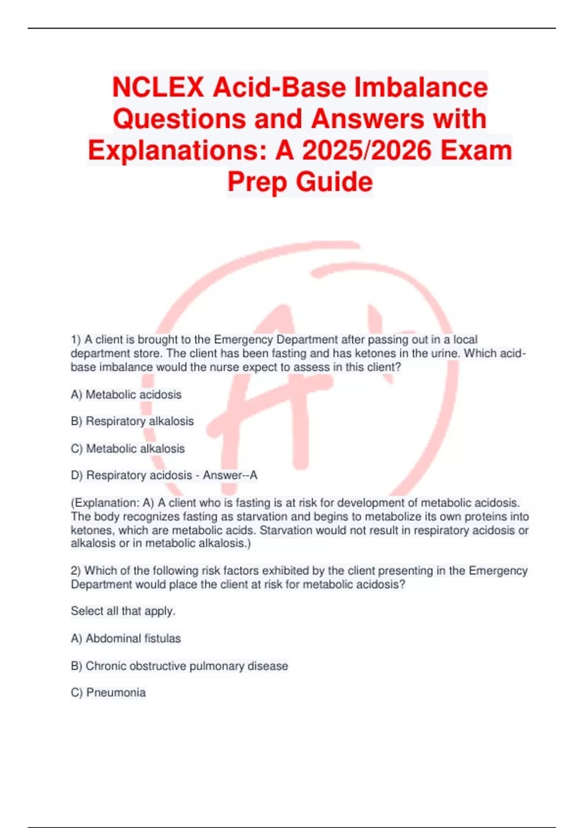 NCLEX Acid-Base Imbalance Questions and Answers with Explanations: A ...