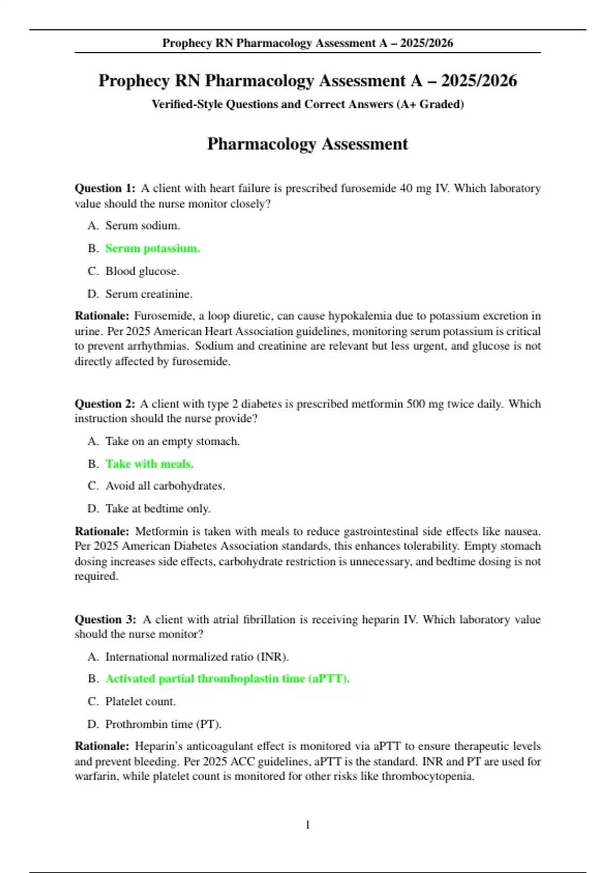Prophecy RN Pharmacology Assessment A – 2025/2026 – Complete Questions, Correct Answers, and ...