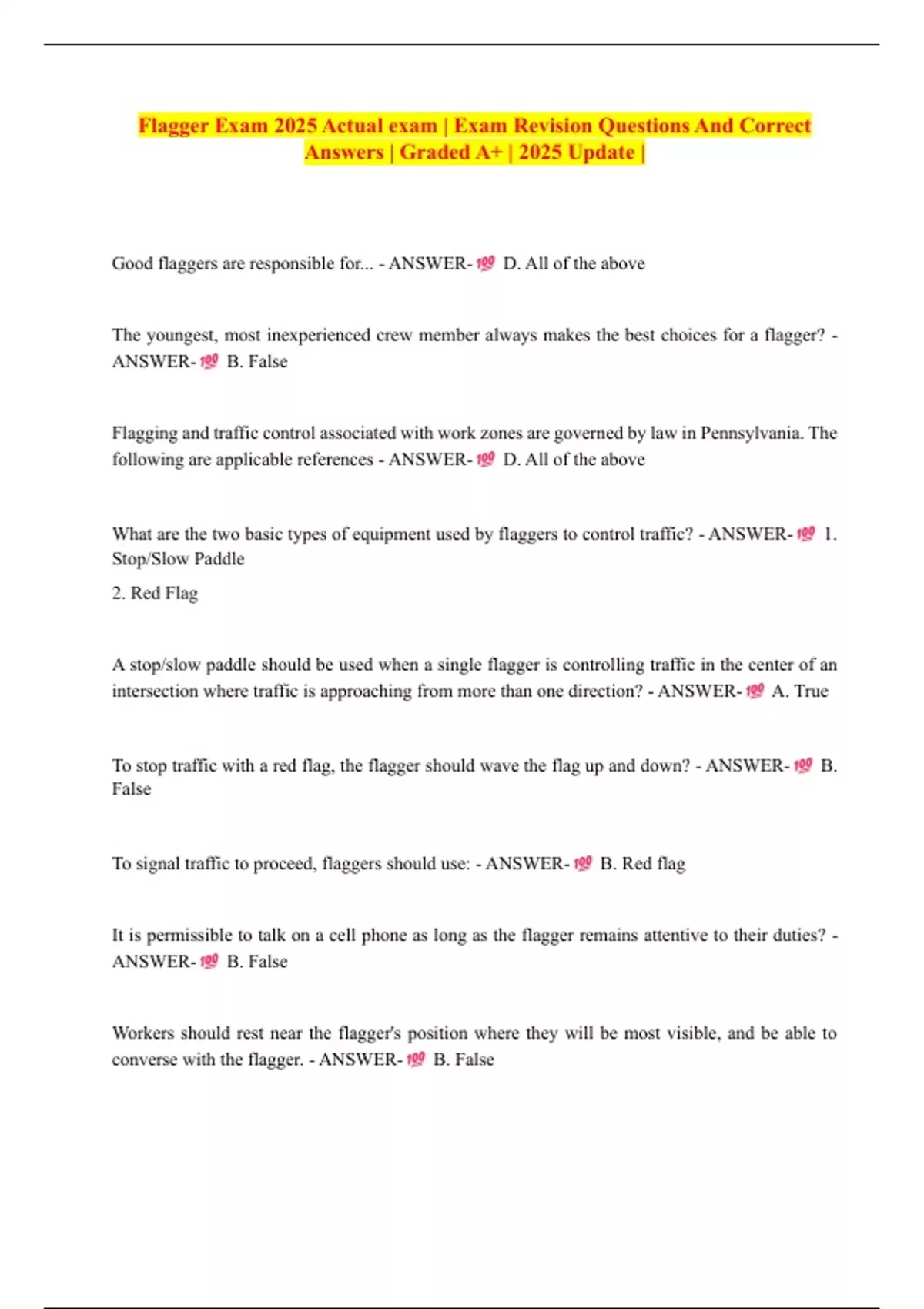 Flagger Exam 2025 Actual exam | Exam Revision Questions And Correct Answers | Graded A+ | 2025 ...