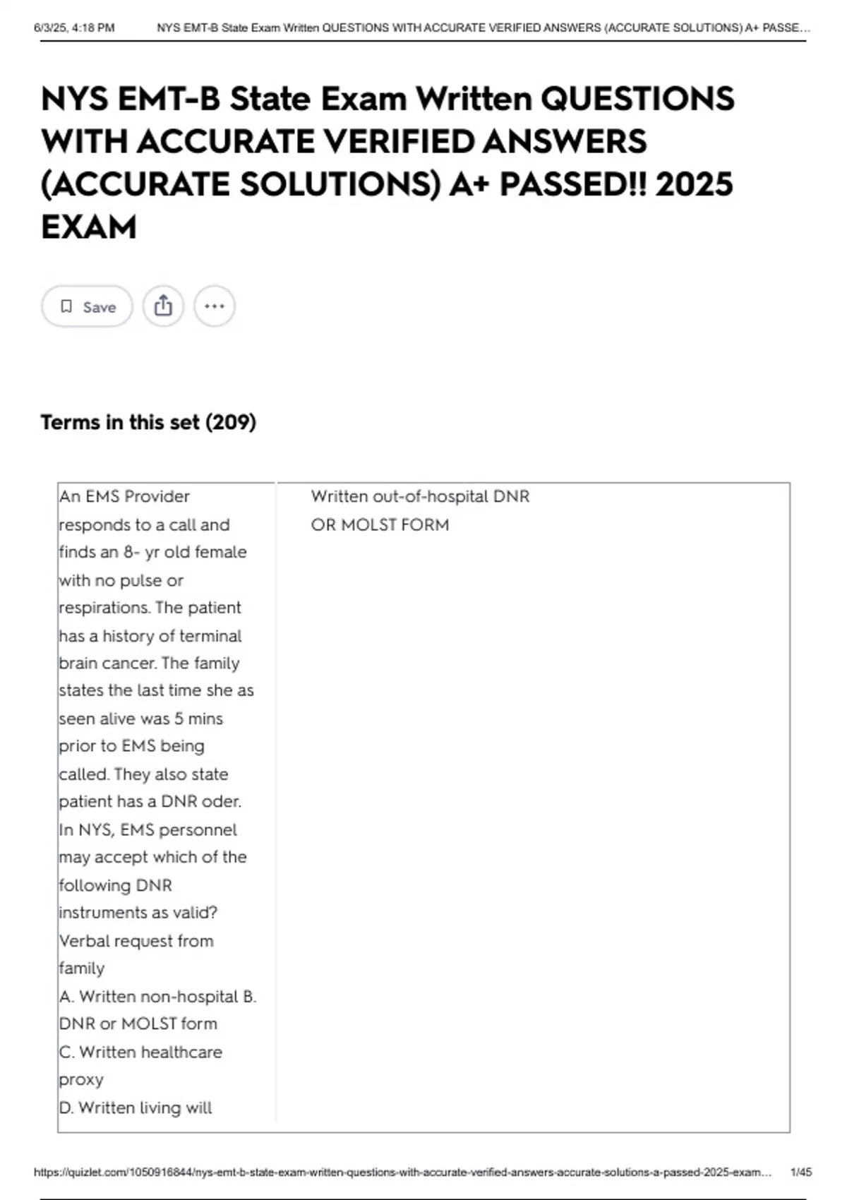 Stat Exman NYS EMT-B State Exam Written QUESTIONS WITH ACCURATE VERIFIED ANSWERS ...