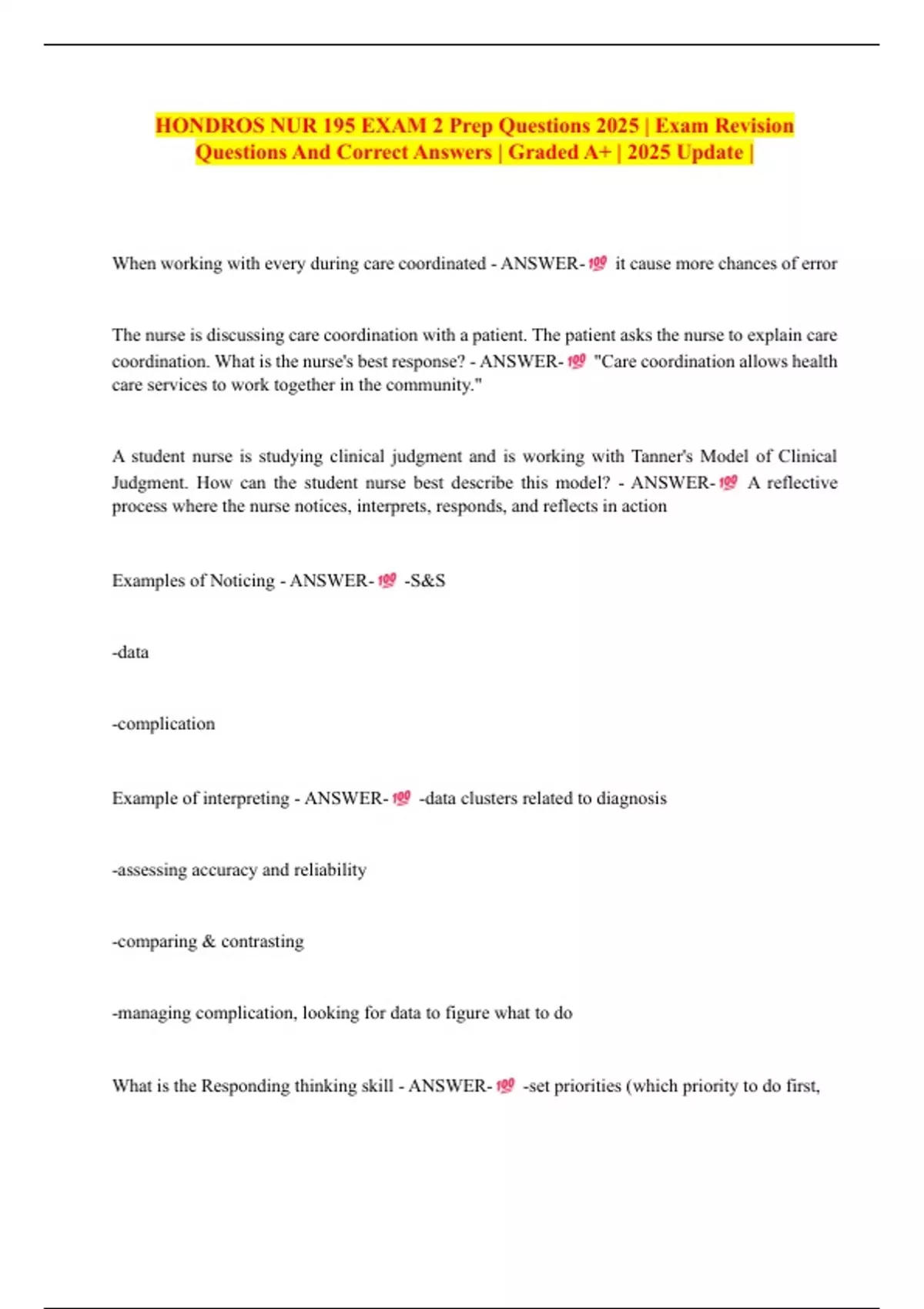 HONDROS NUR 195 EXAM 2 Prep Questions 2025 | Exam Revision Questions ...