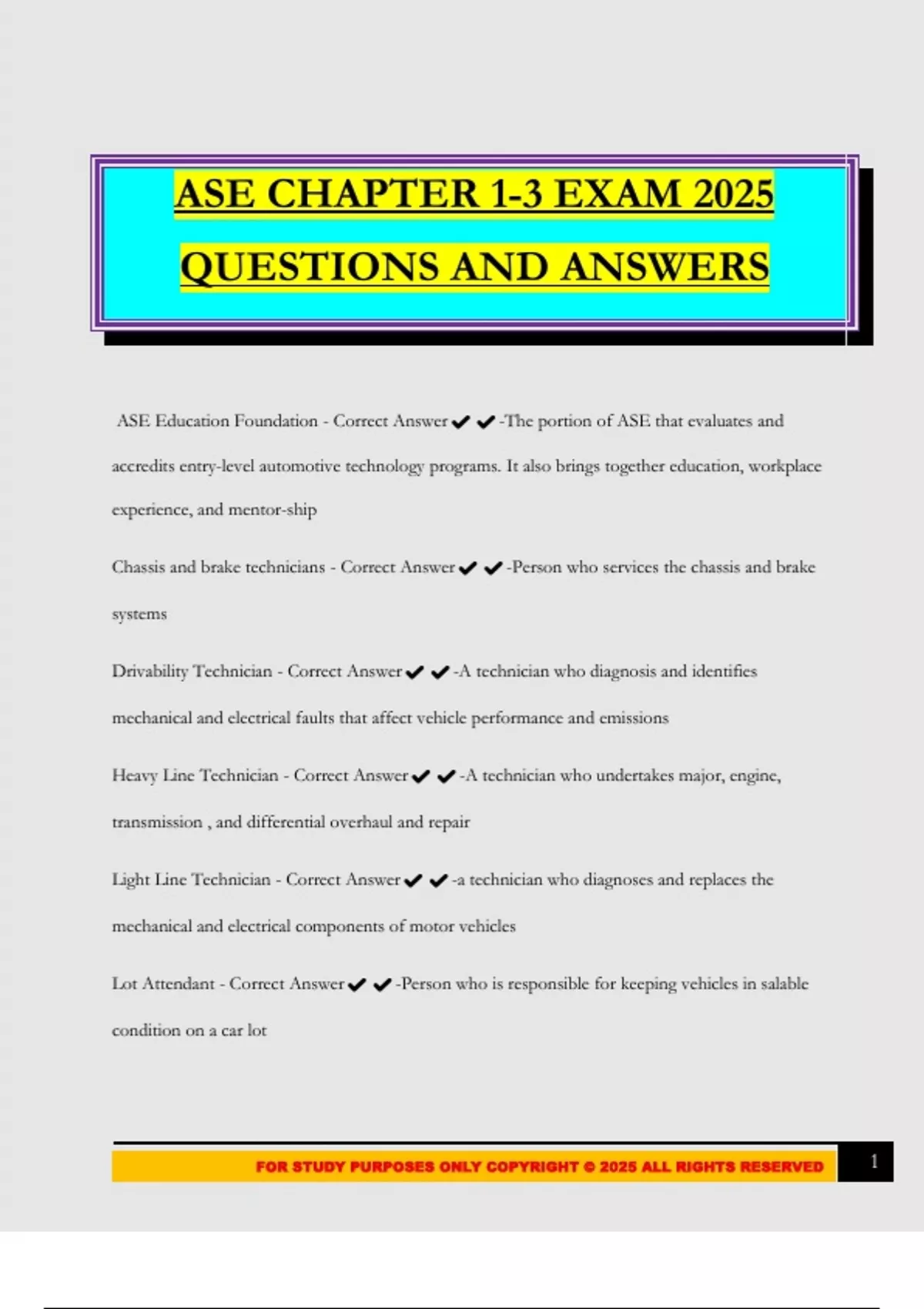 ASE CHAPTER 1-3 EXAM 2025 QUESTIONS AND ANSWERS - ASE - Stuvia US