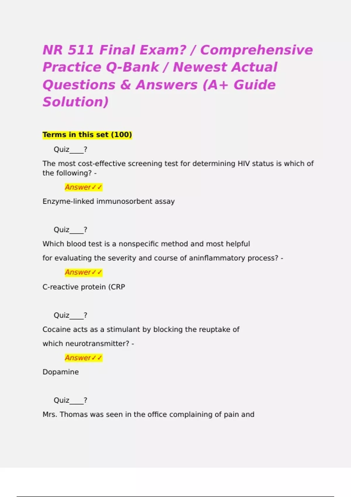 D 511 NR 511 Final Exam? / Comprehensive Practice Q-Bank / Newest Actual ...