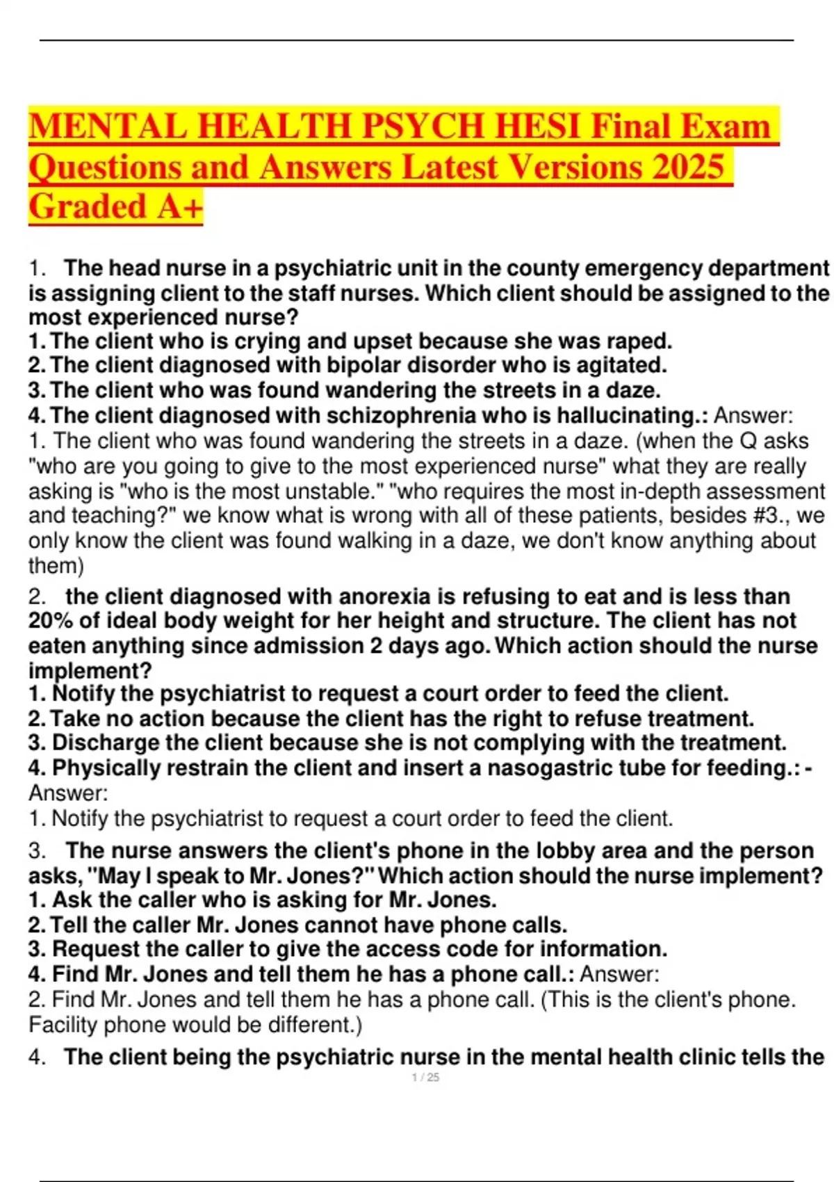 MENTAL HEALTH PSYCH HESI Final Exam Questions and Answers Latest ...