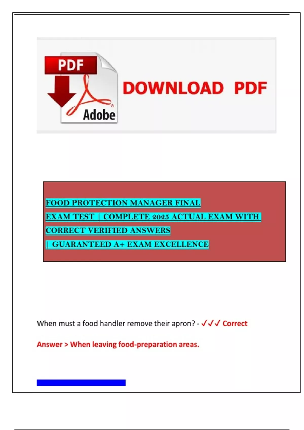 FOOD PROTECTION MANAGER FINAL EXAM TEST | COMPLETE 2025 ACTUAL EXAM ...
