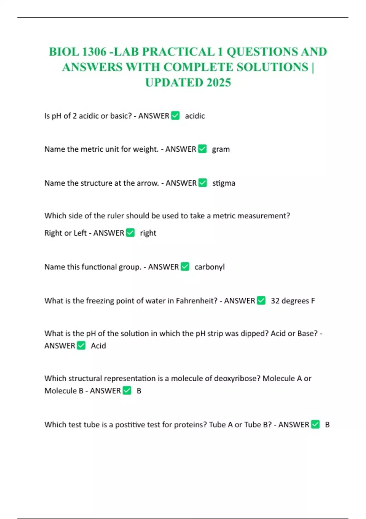 Biol Rig BIOL 1306 -LAB PRACTICAL 1 QUESTIONS AND ANSWERS WITH COMPLETE ...