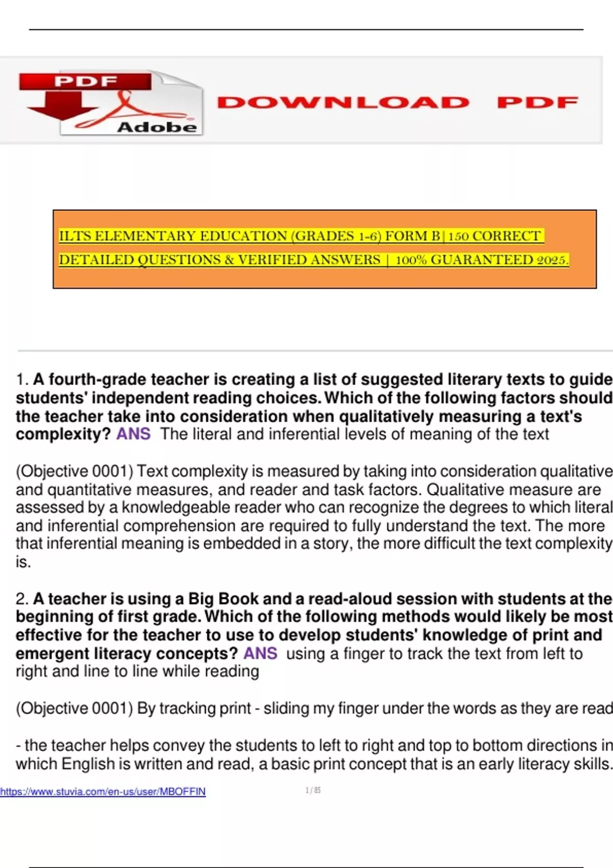 Detailed Questions ILTS ELEMENTARY EDUCATION (GRADES 1-6) FORM B|150 CORRECT DETAILED ...