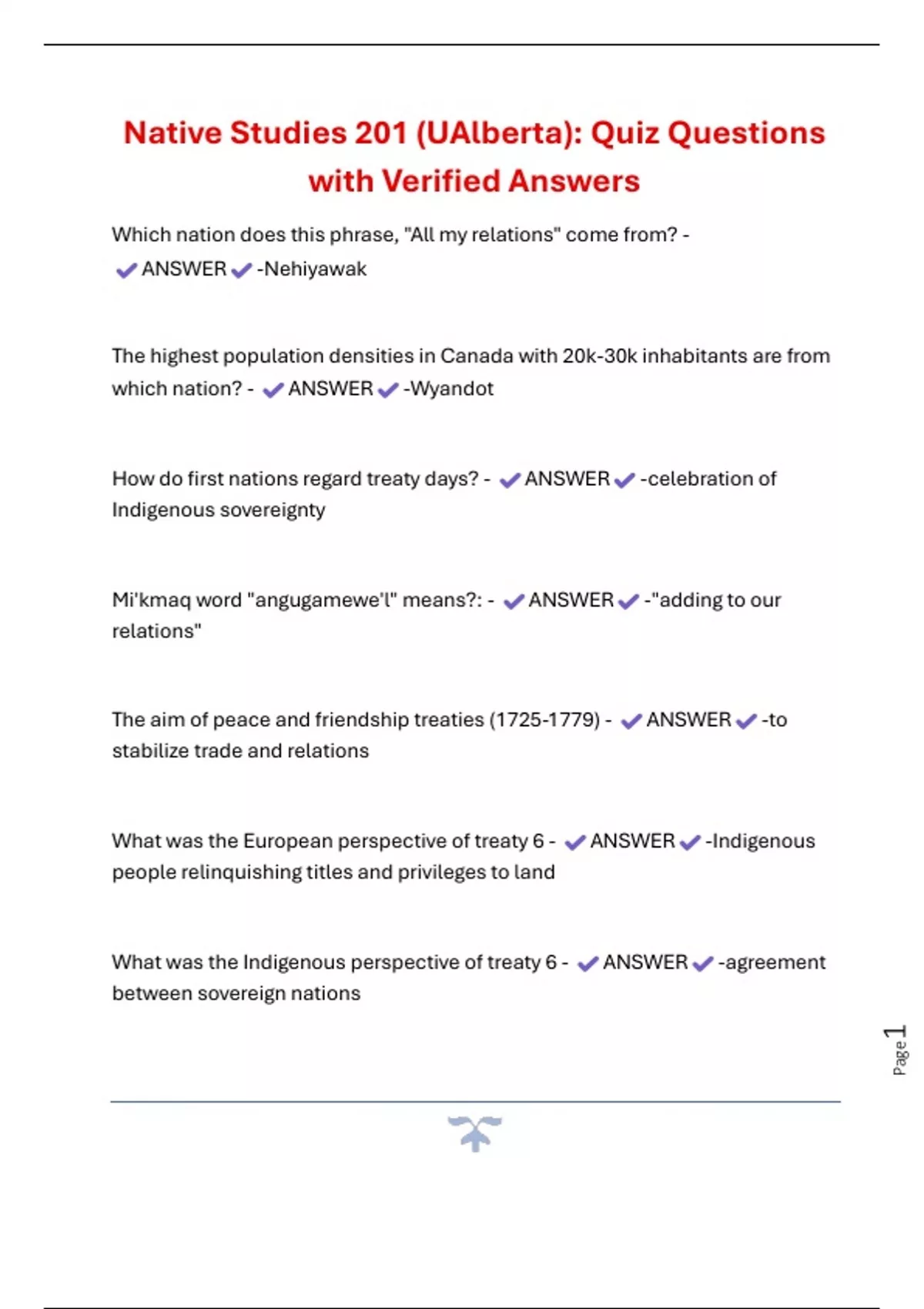 Native Studies 201 (UAlberta): Quiz Questions with Verified Answers ...