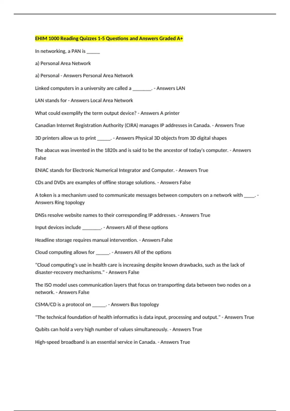 EHIM 1000 Reading Quizzes 1-5 Questions and Answers Graded A+ - EHIM ...