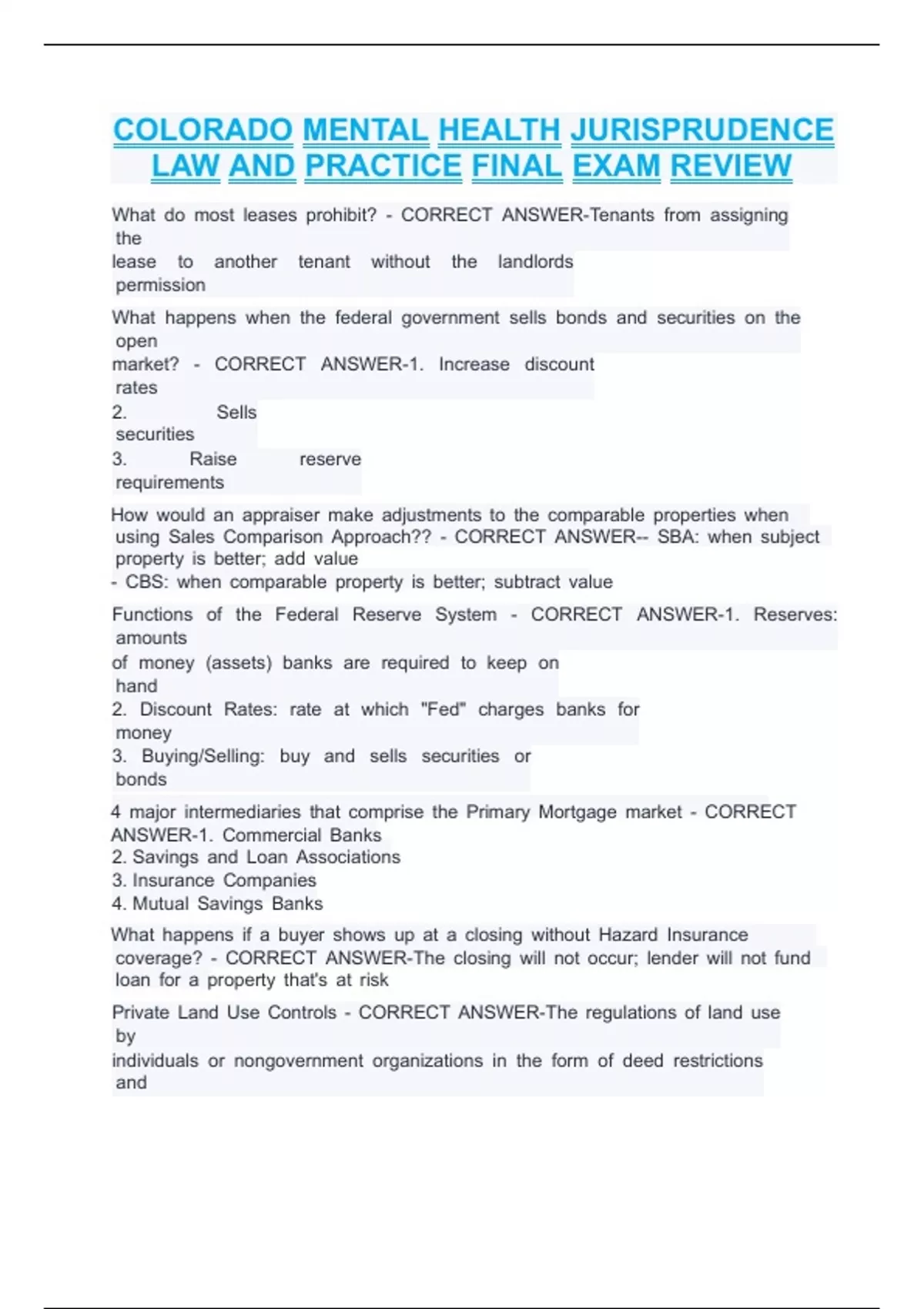 COLORADO MENTAL HEALTH JURISPRUDENCE LAW AND PRACTICE FINAL EXAM REVIEW - COLORADO MENTAL HEALTH ...