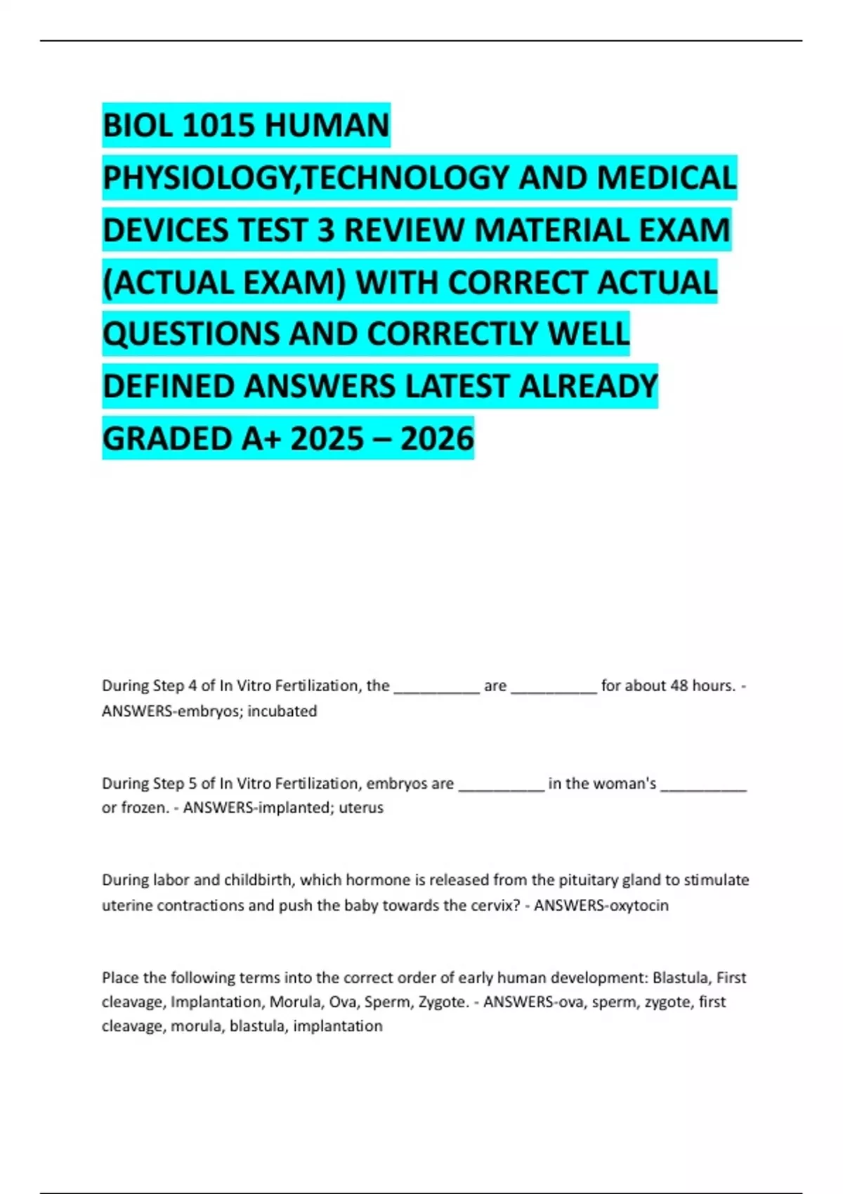 BIOL 1015 HUMAN PHYSIOLOGY,TECHNOLOGY AND MEDICAL DEVICES TEST 3 REVIEW ...