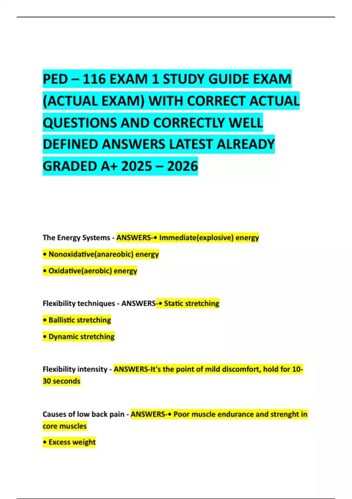 PED – 116 EXAM 1 STUDY GUIDE EXAM (ACTUAL EXAM) WITH CORRECT ACTUAL ...