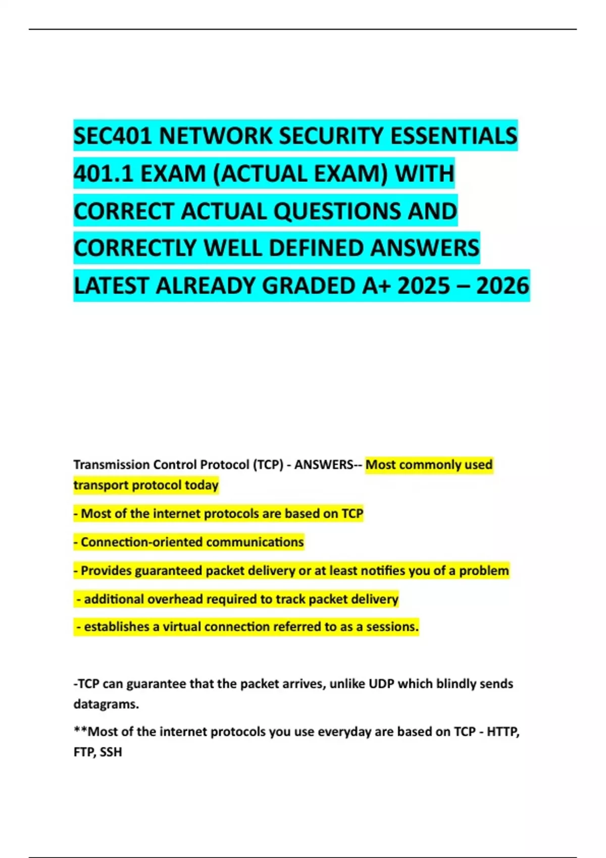 SEC401 NETWORK SECURITY ESSENTIALS 401.1 EXAM (ACTUAL EXAM) WITH ...