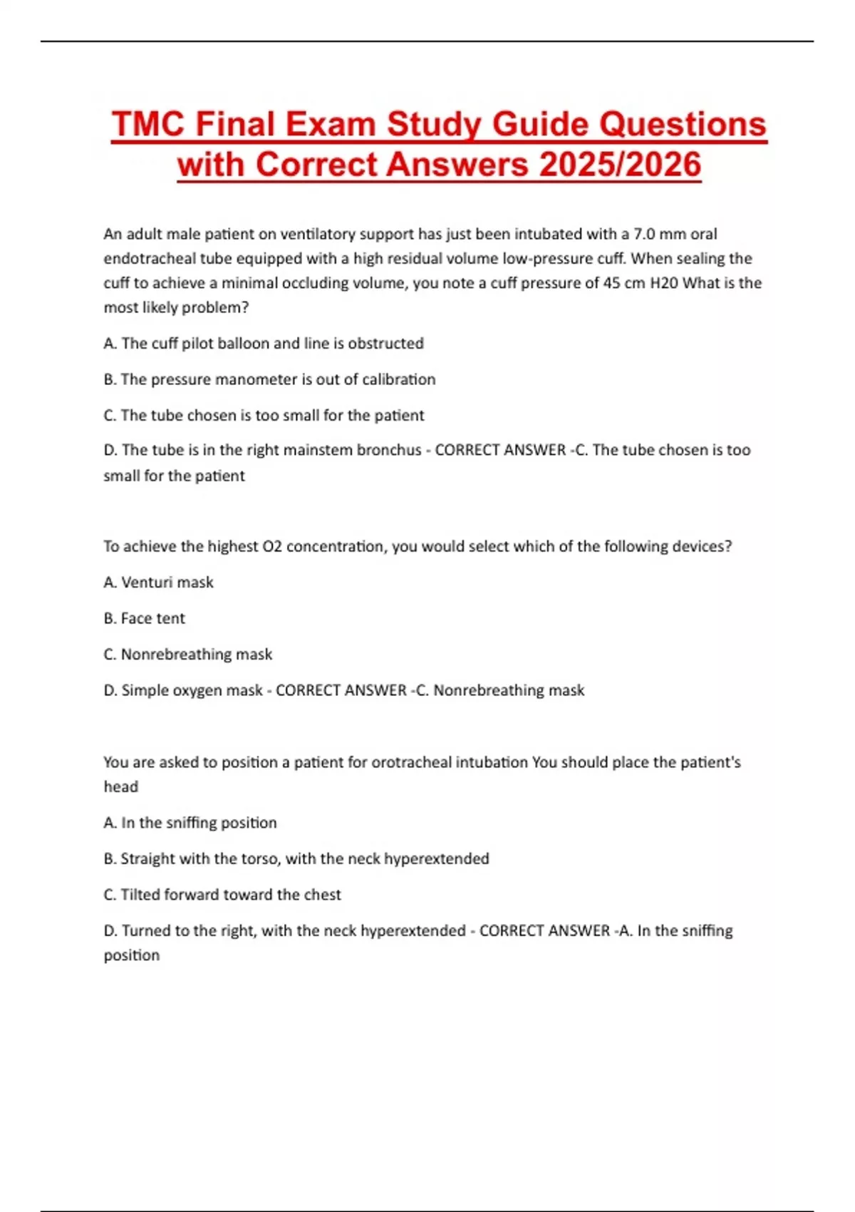 TMC Final Exam Study Guide Questions with Correct Answers 2025/2026 ...