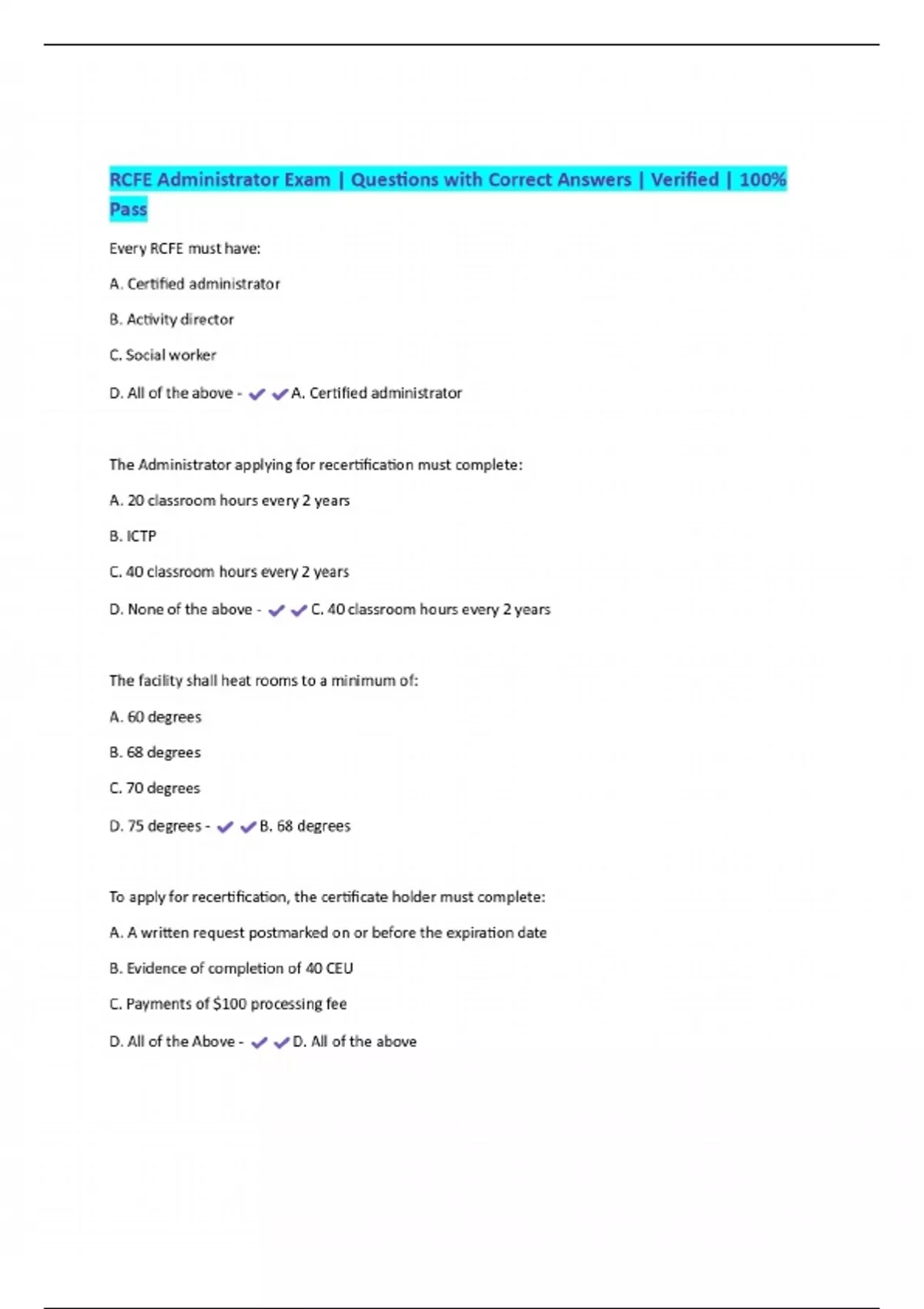 EXAMS BUNDLE:::::RCFE Administrator Exams | Questions with Correct ...