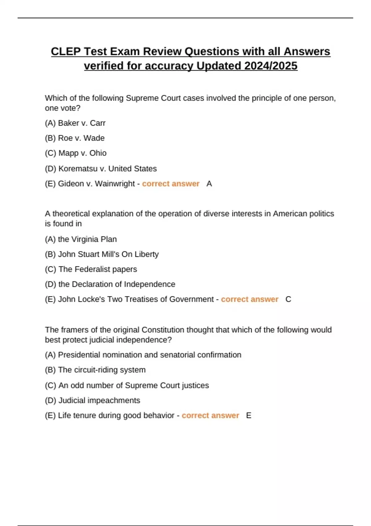 CLEP Test Exam Review Questions with all Answers verified for accuracy ...