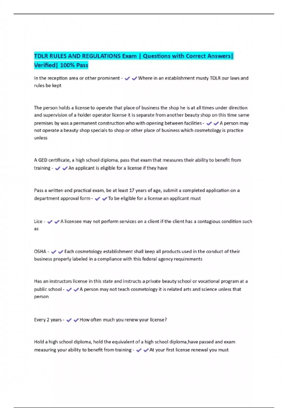 Sample Regulation Question TDLR RULES AND REGULATIONS Exam | Questions with Correct Answers ...