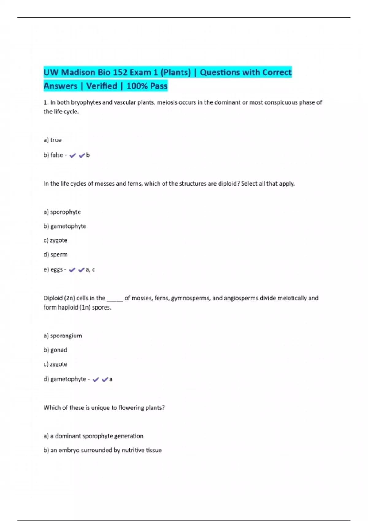 UW Madison Bio 152 Exam 1 (Plants) | Questions with Correct Answers ...