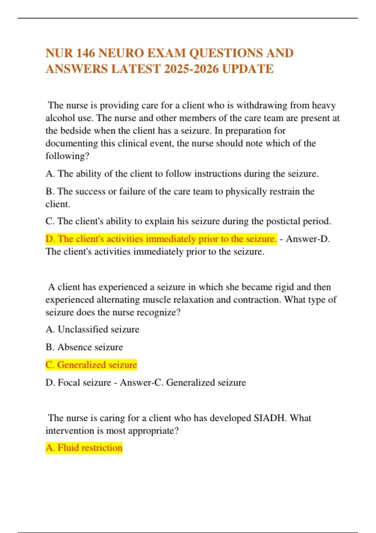 NUR 146 NEURO EXAM QUESTIONS AND ANSWERS LATEST UPDATE - NUR 146 NEURO ...
