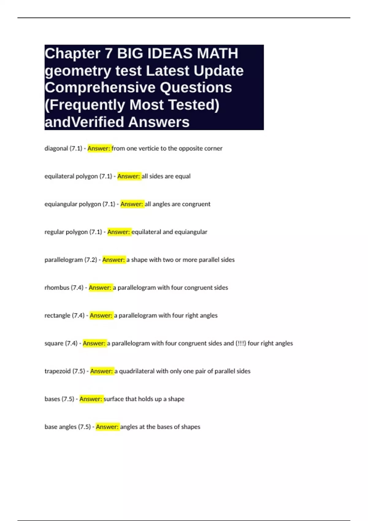 Ncssm Math Assessment Example Questions Chapter 7 BIG IDEAS MATH geometry test Latest Update Comprehensive ...