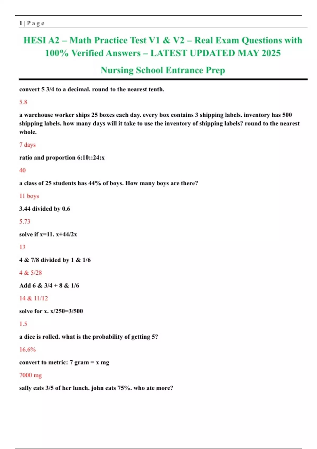 HESI A2 – Math Practice Test V1 & V2 – Real Exam Questions with 100% ...