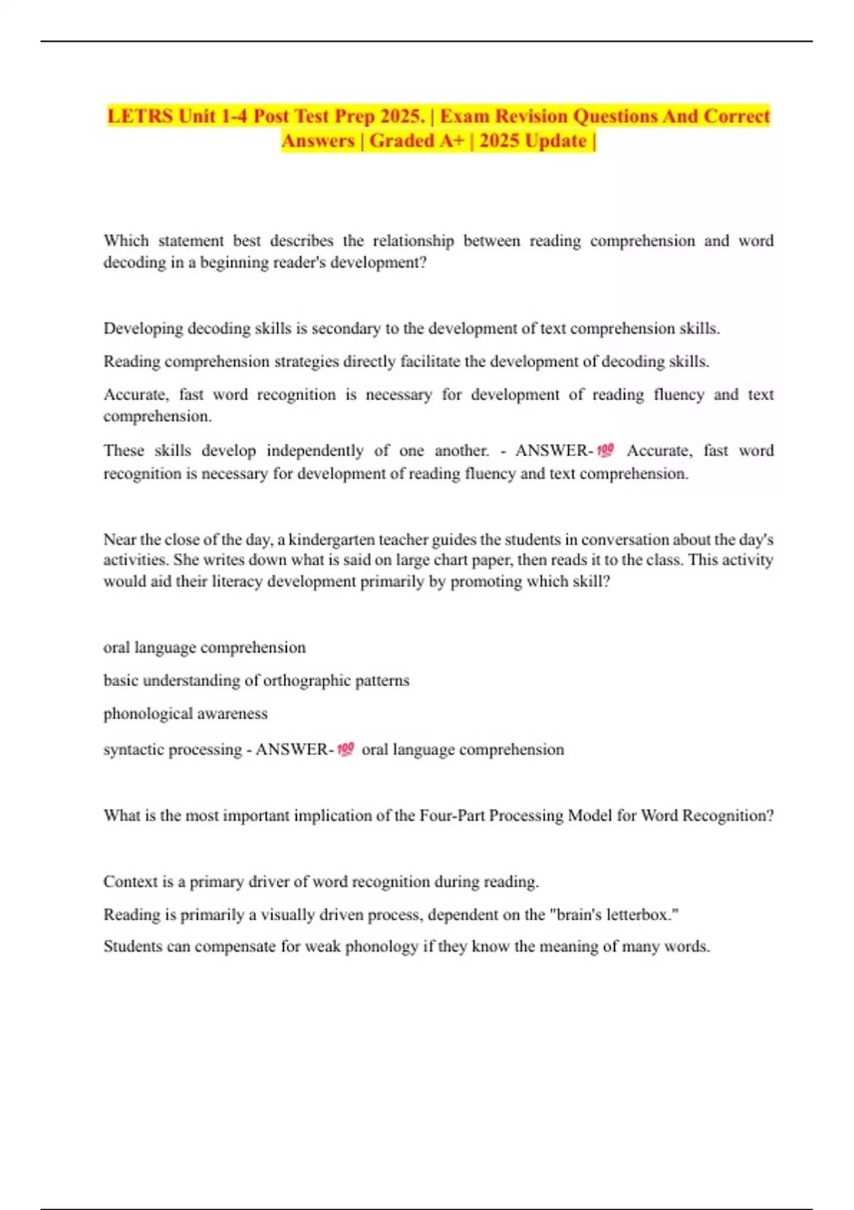 LETRS Unit 1-4 Post Test Prep 2025. | Exam Revision Questions And ...