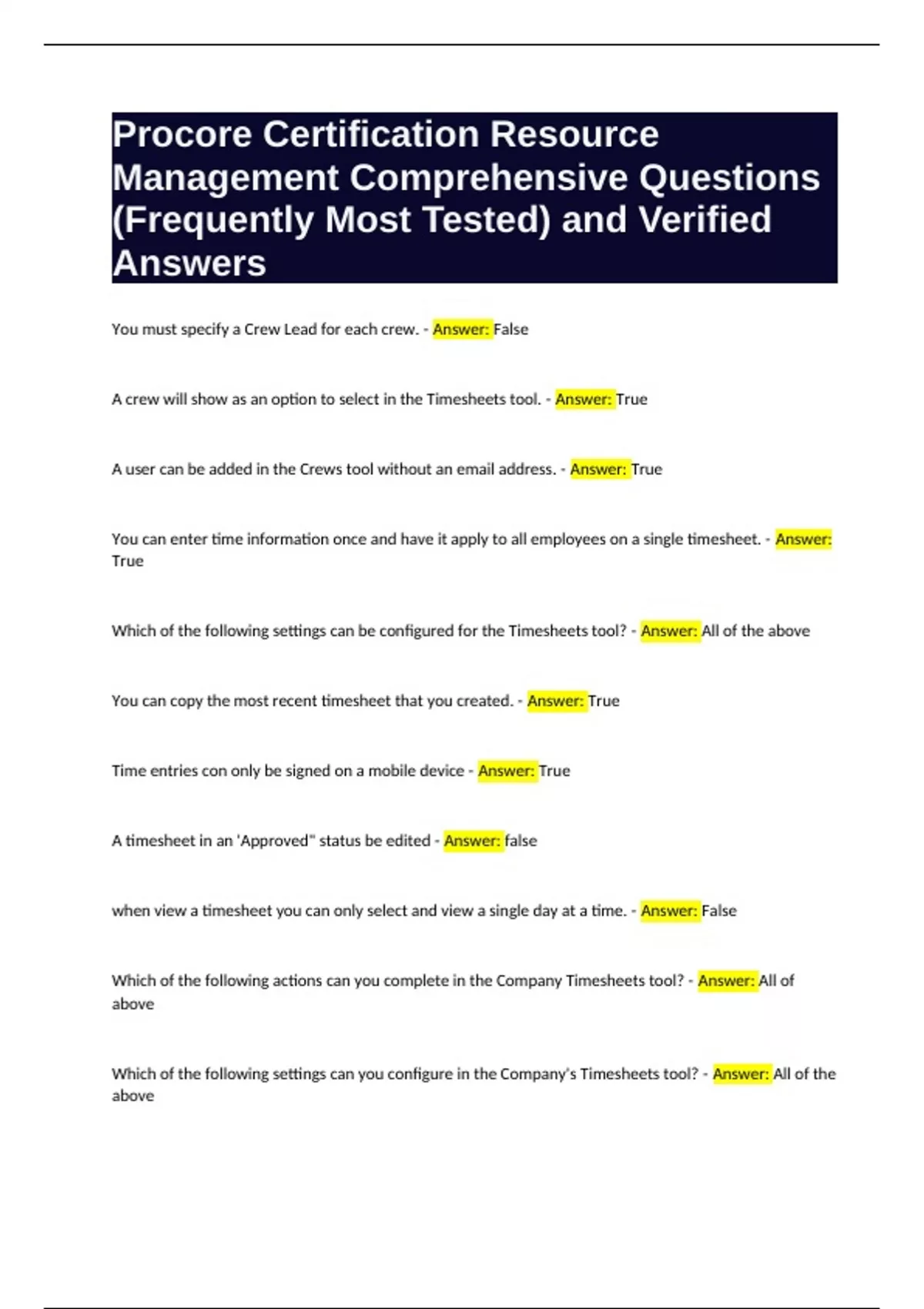 Procore Certification Resource Management Comprehensive Questions ...