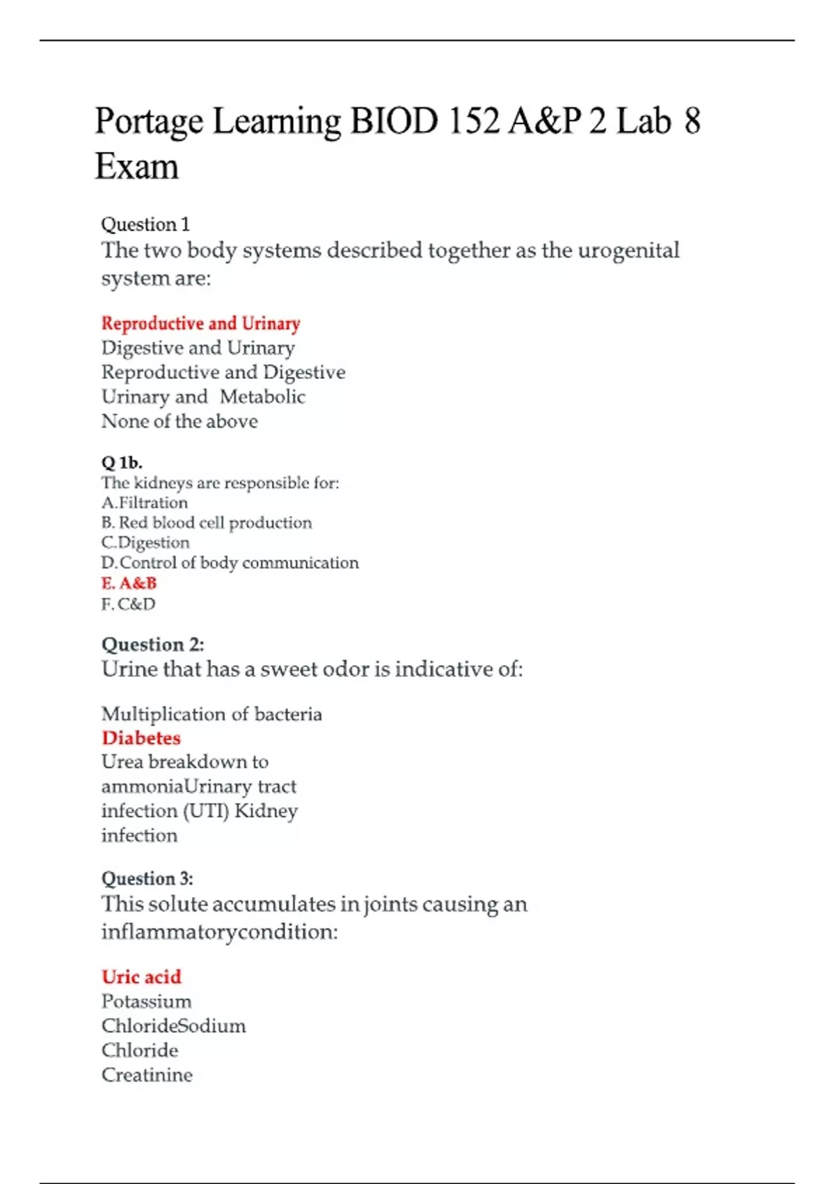 Portage Learning BIOD 152 A&P 2 Lab 8 Exam 2025 Comprehensive ...
