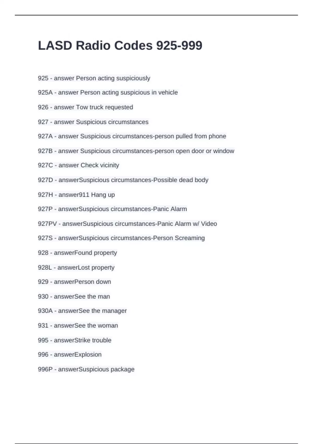LASD Radio Codes 925-999 Questions and Answers 2025 - Lasd - Stuvia US