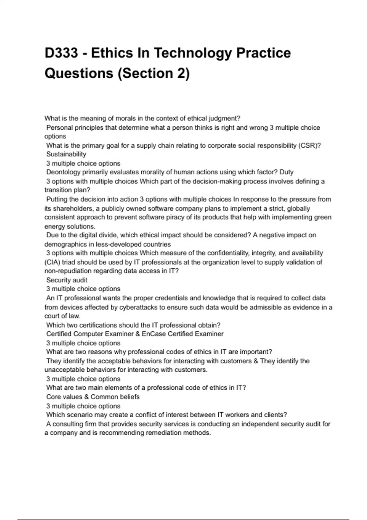Tech Enhanced Question Practice D333 - Ethics In Technology Practice Questions (Section 2) QUESTIONS ...
