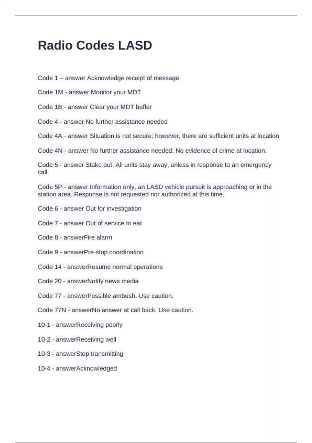 Radio Code Resign Radio Codes LASD Questions and Answers Latest Updated - Lasd - Stuvia US
