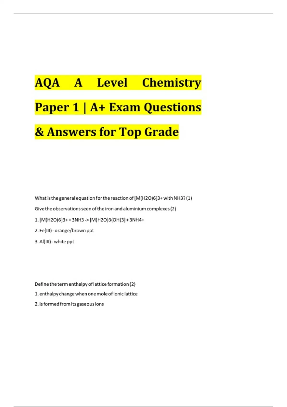 AQA A Level Chemistry Paper 1 | A+ Exam Questions & Answers for Top ...